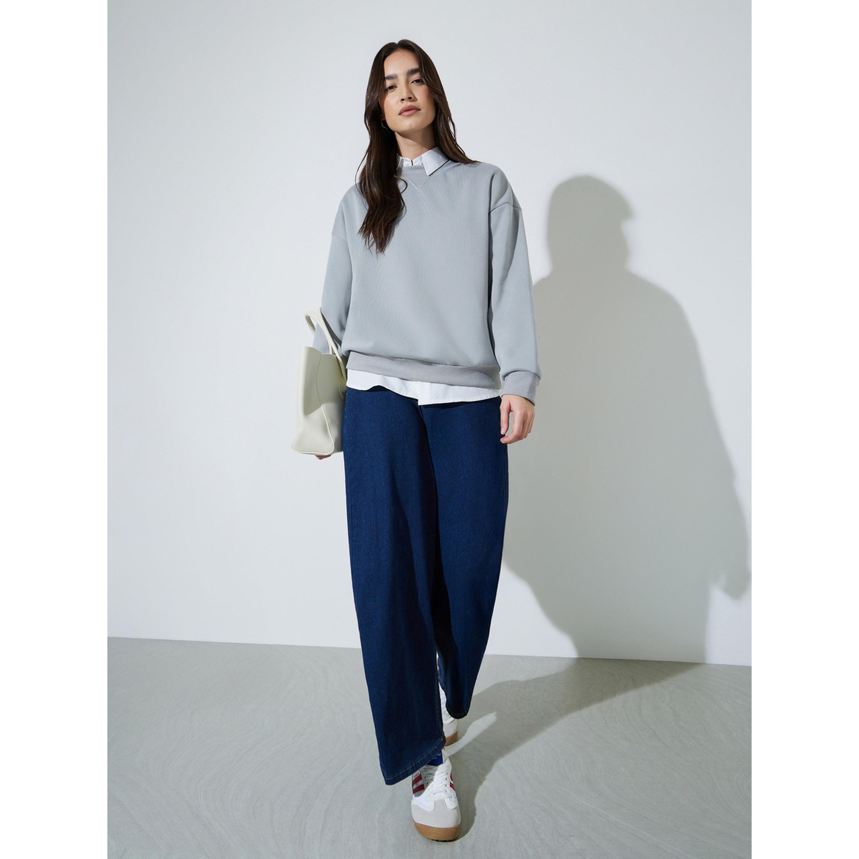 Styli Grey Solid Long Sleeves Oversized Sweatshirt-women-clothing-hoodiesandsweatshirts-sweatshirts-image-2