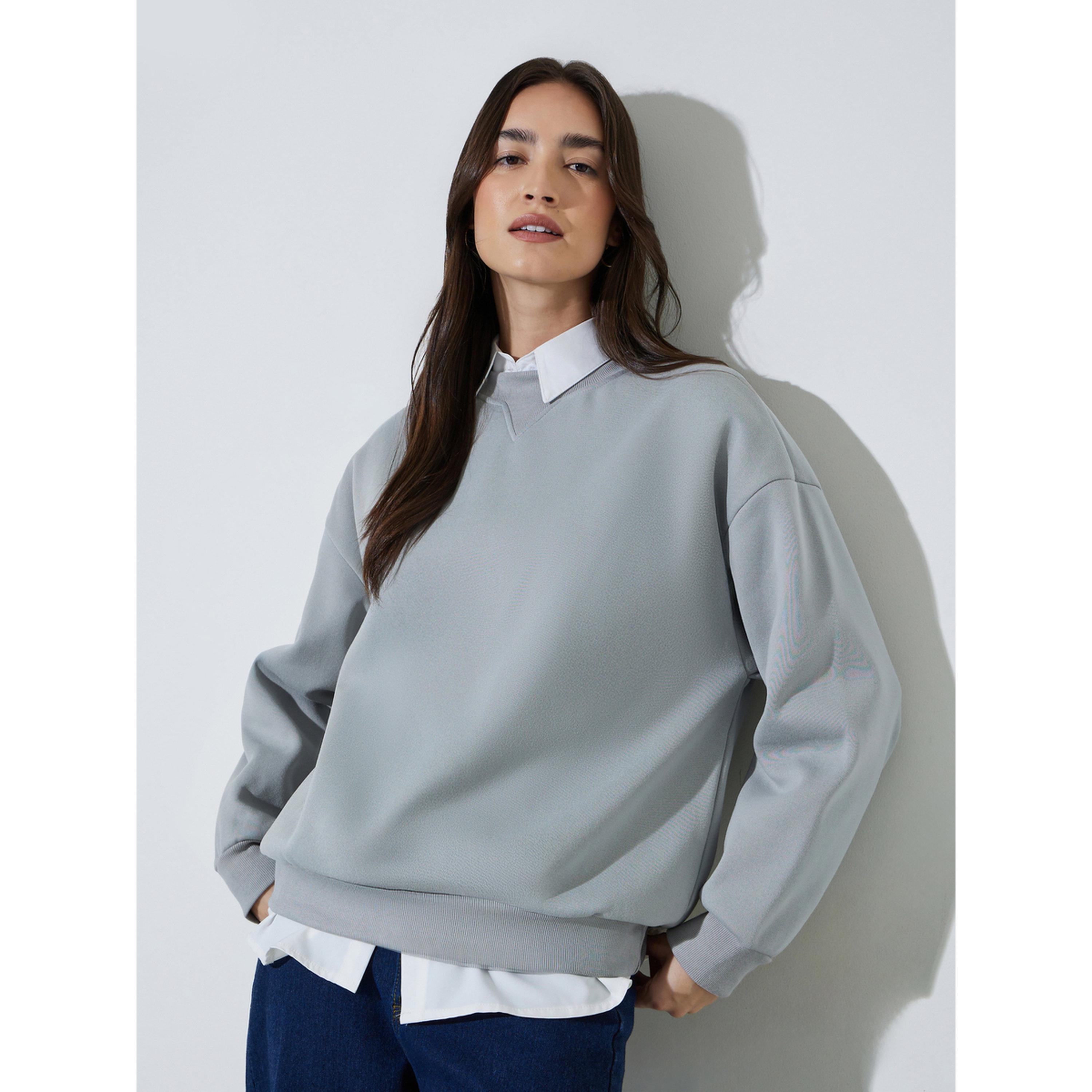 Styli Grey Solid Long Sleeves Oversized Sweatshirt-women-clothing-hoodiesandsweatshirts-sweatshirts-image-3