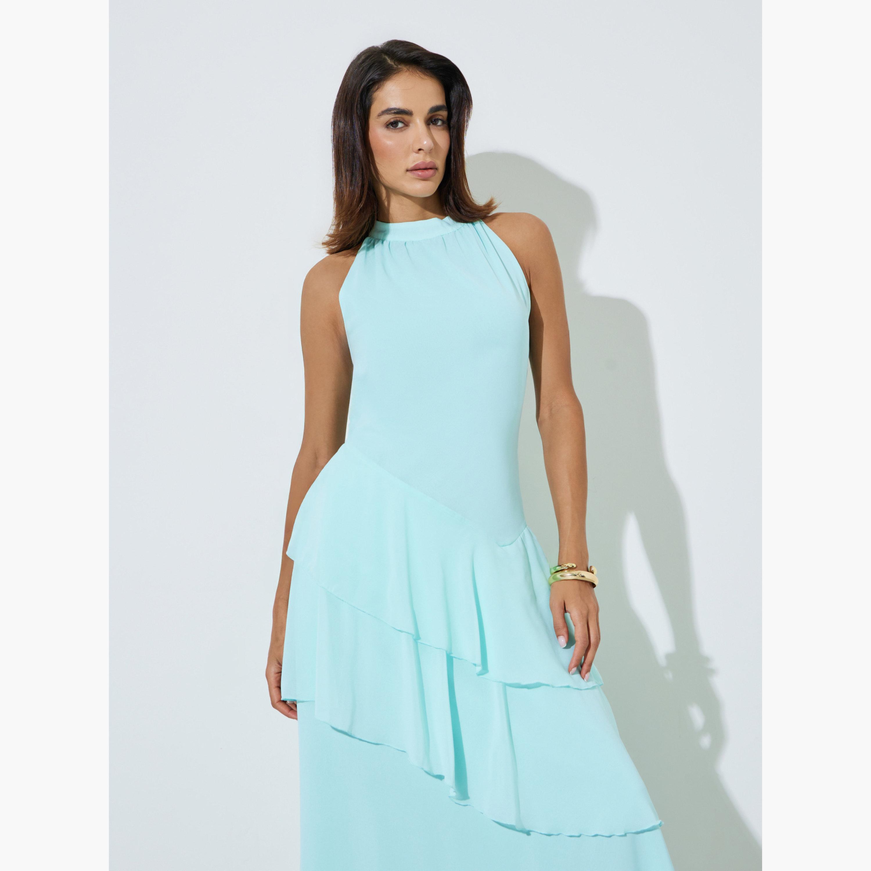 فستان طويل مزموم بحافة واسعة وبلا أكمام الأكوا-women-clothing-dresses-image-2