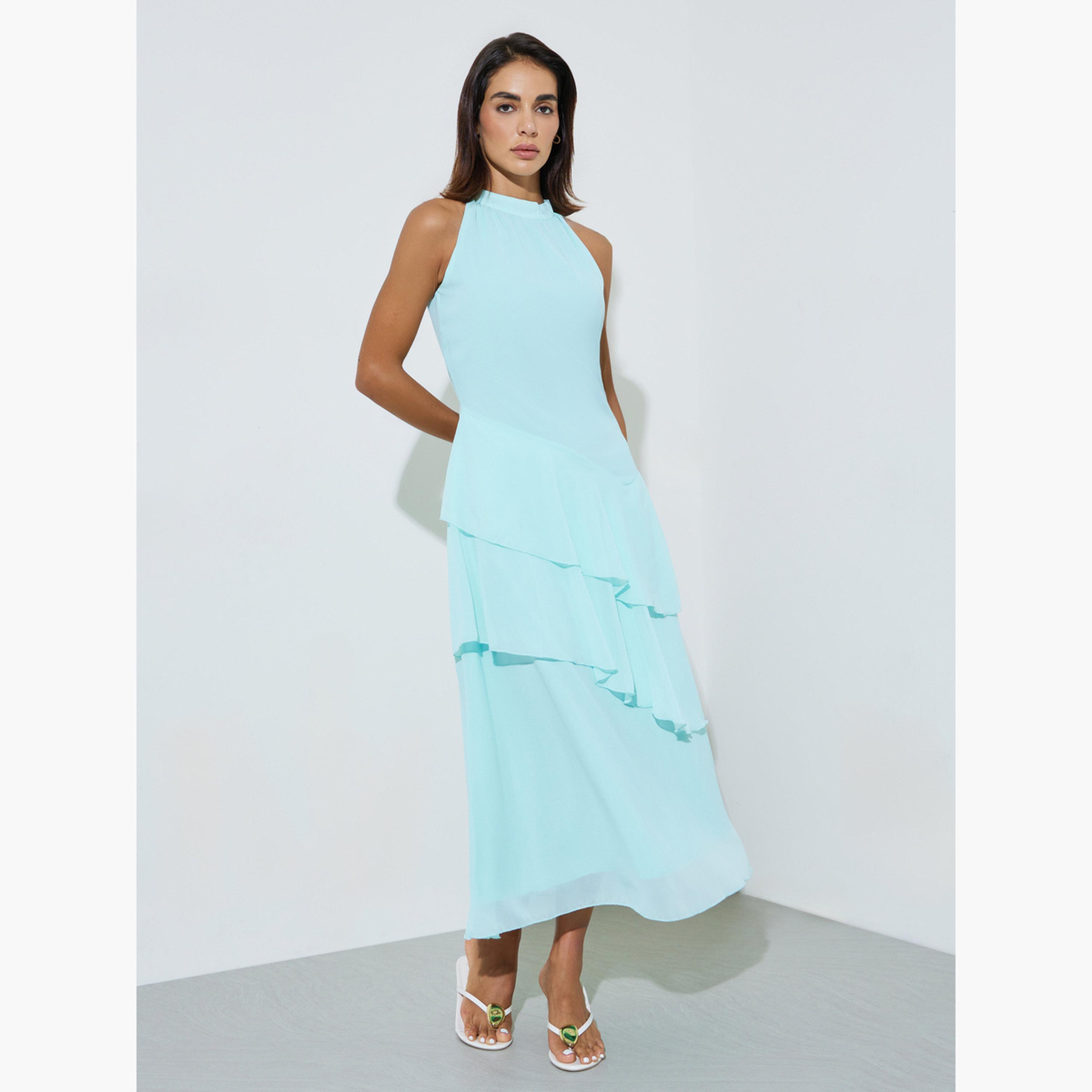 فستان طويل مزموم بحافة واسعة وبلا أكمام الأكوا-women-clothing-dresses-image-3