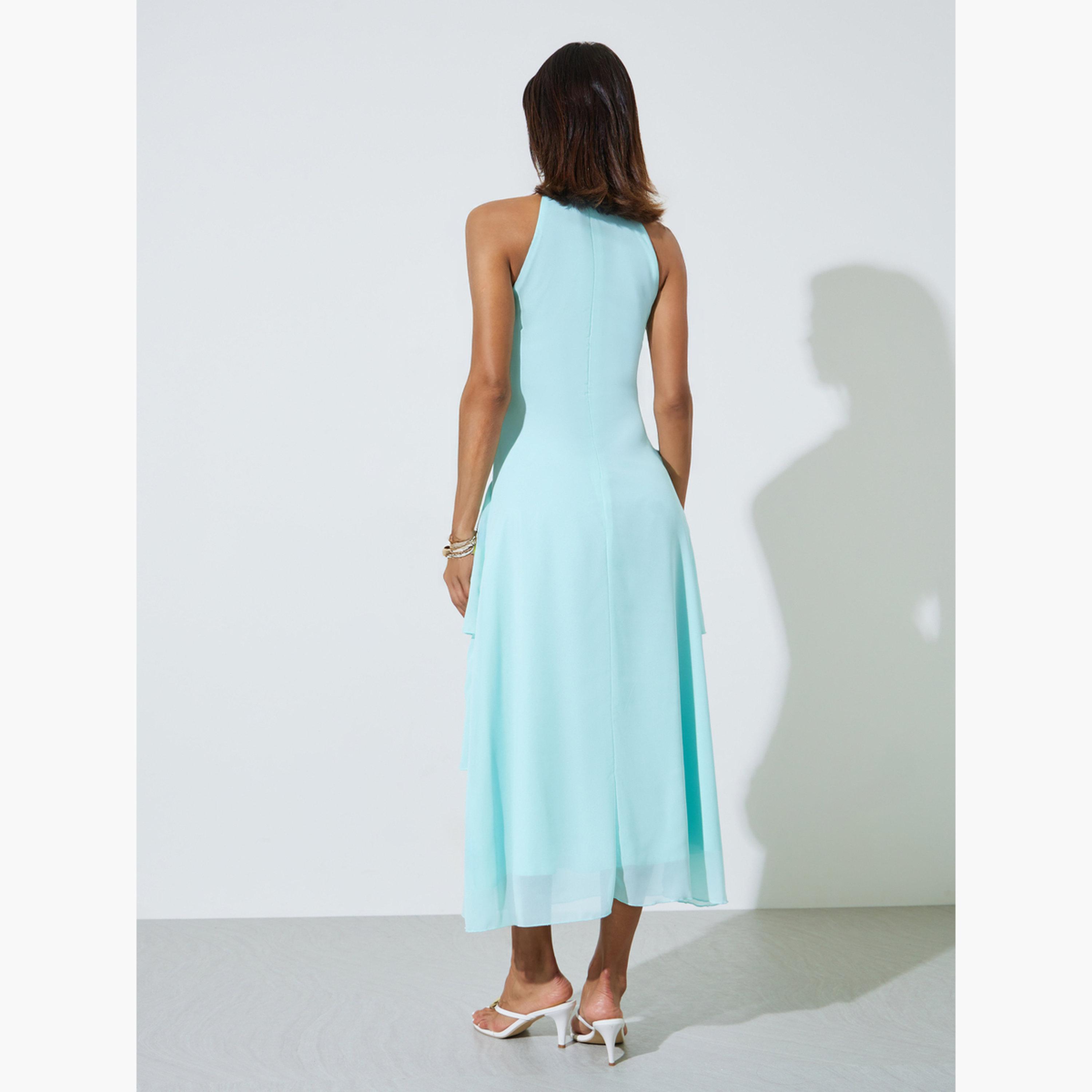 فستان طويل مزموم بحافة واسعة وبلا أكمام الأكوا-women-clothing-dresses-image-4