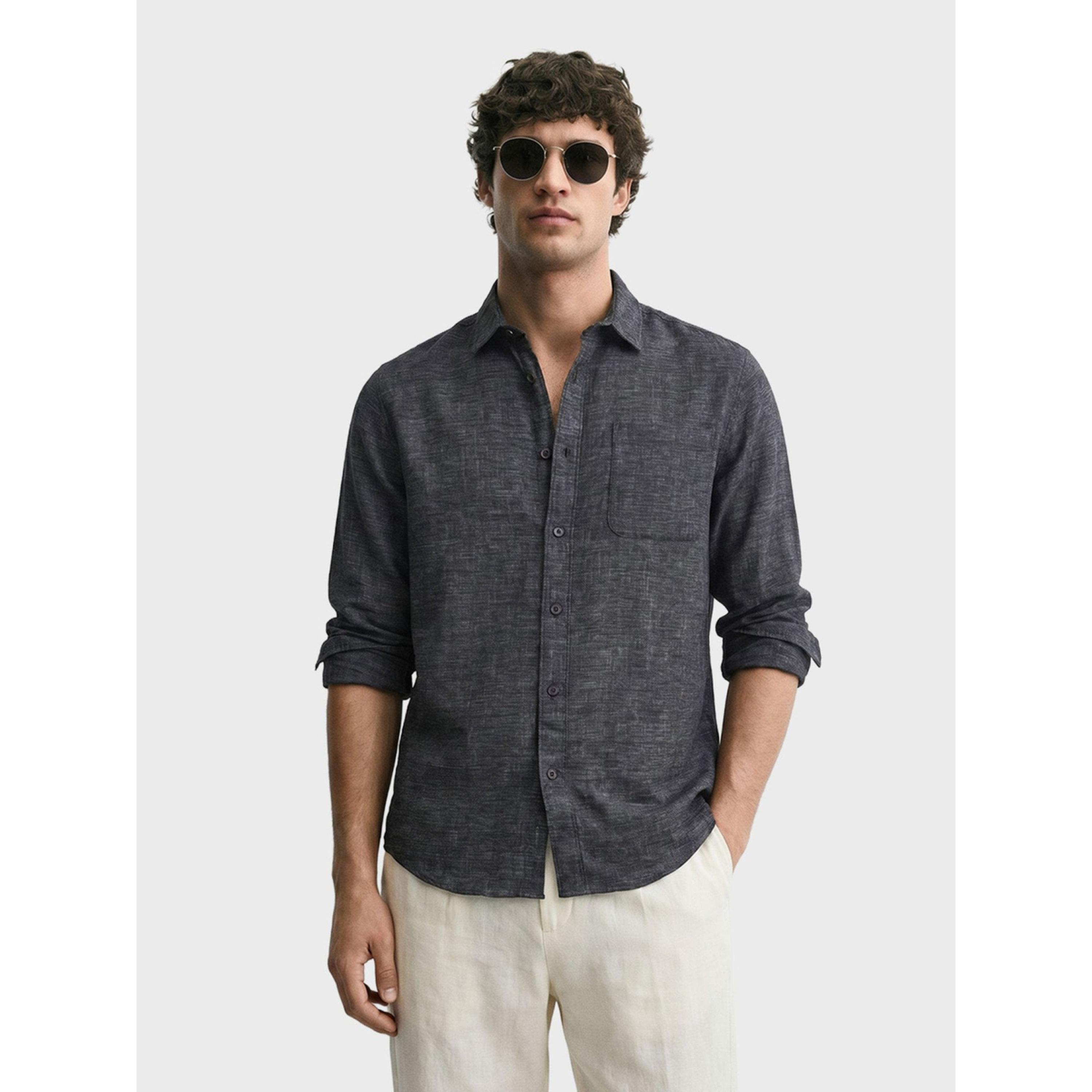 قميص كاجوال سادة بقصة ضيقة وياقة مقصوصة للرجال-men-clothing-shirts-image-1