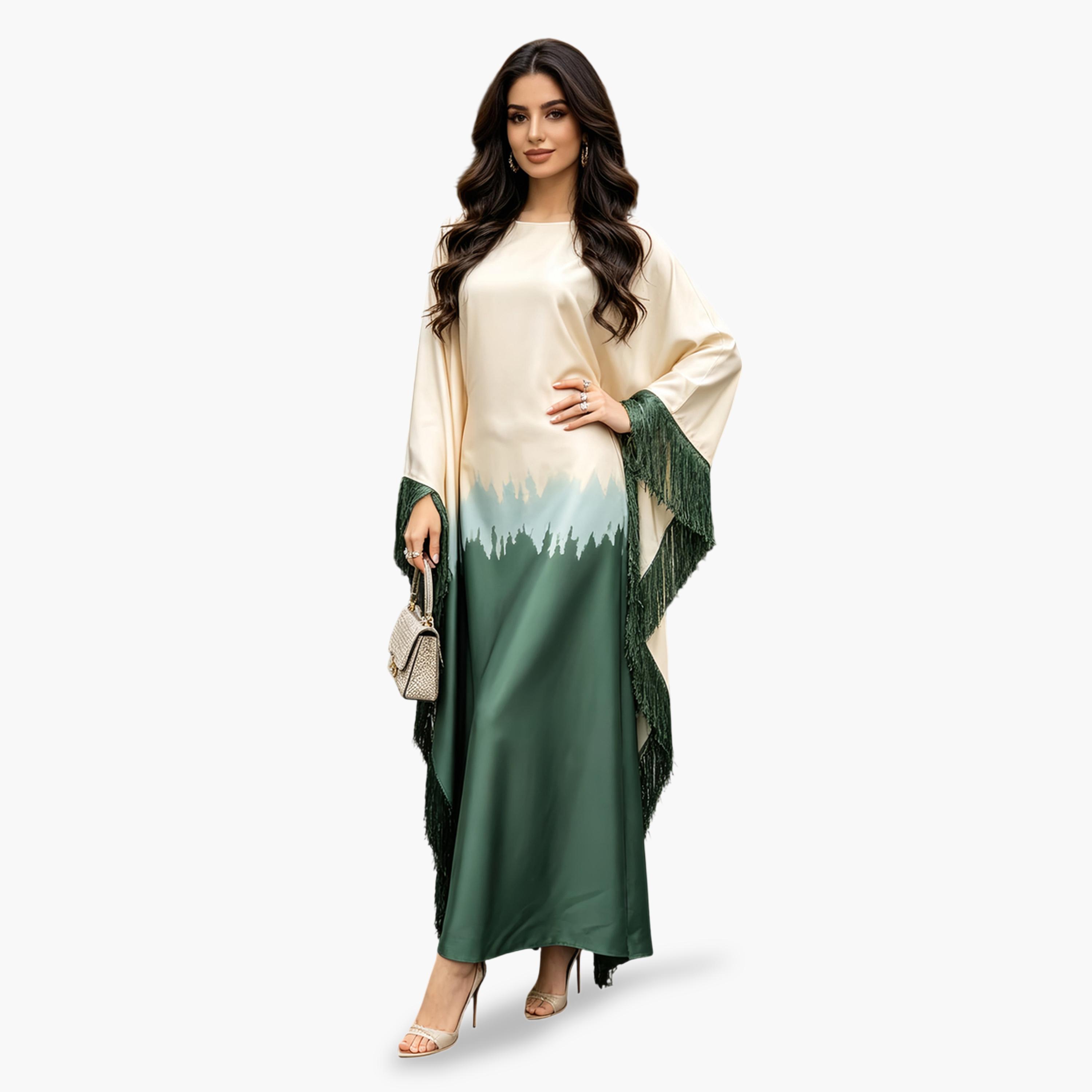 Take Two Dark Green Kaftan Dress with Fringed Sleeves-women-arabicclothing-kaftan-image-1