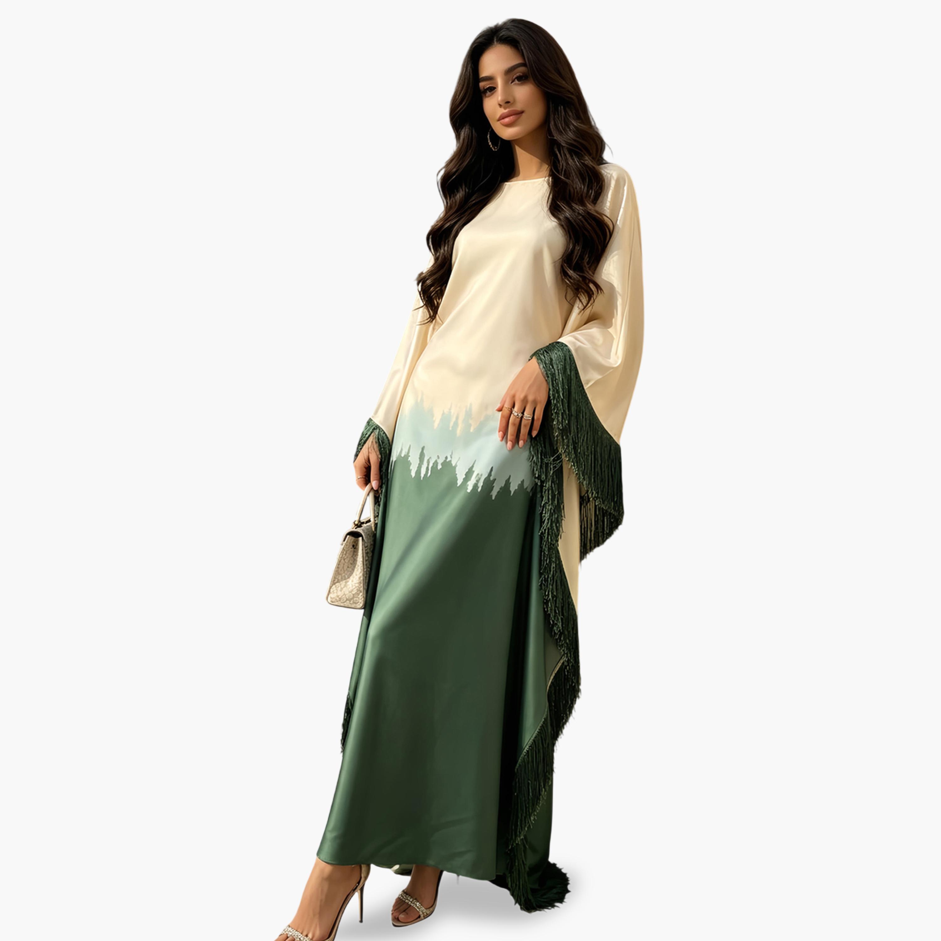 Take Two Dark Green Kaftan Dress with Fringed Sleeves-women-arabicclothing-kaftan-image-2