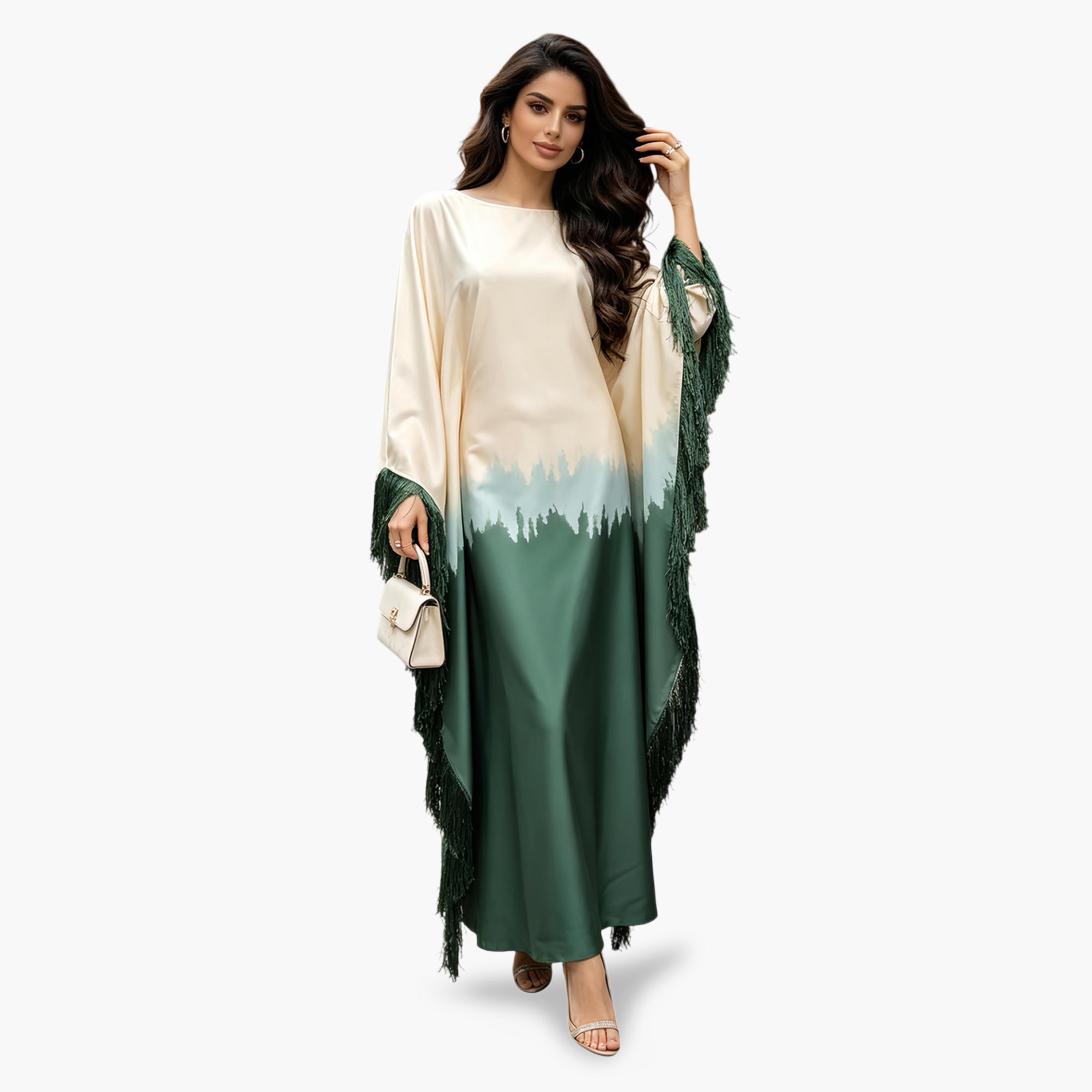Take Two Dark Green Kaftan Dress with Fringed Sleeves-women-arabicclothing-kaftan-image-3