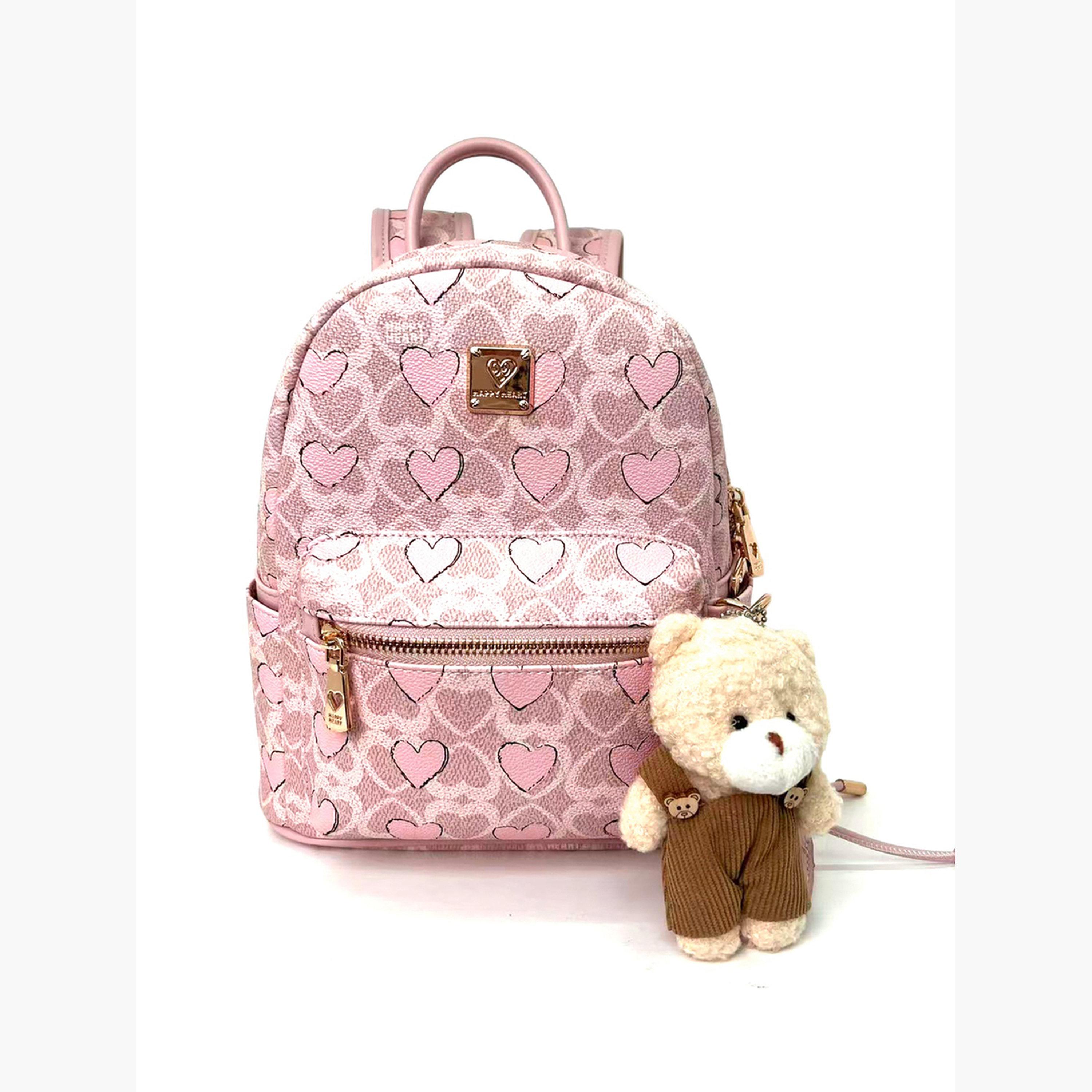 Take Two Pink Heart Printed Backpack with Plush Toy-women-bagsandwallets-backpacks-image-1