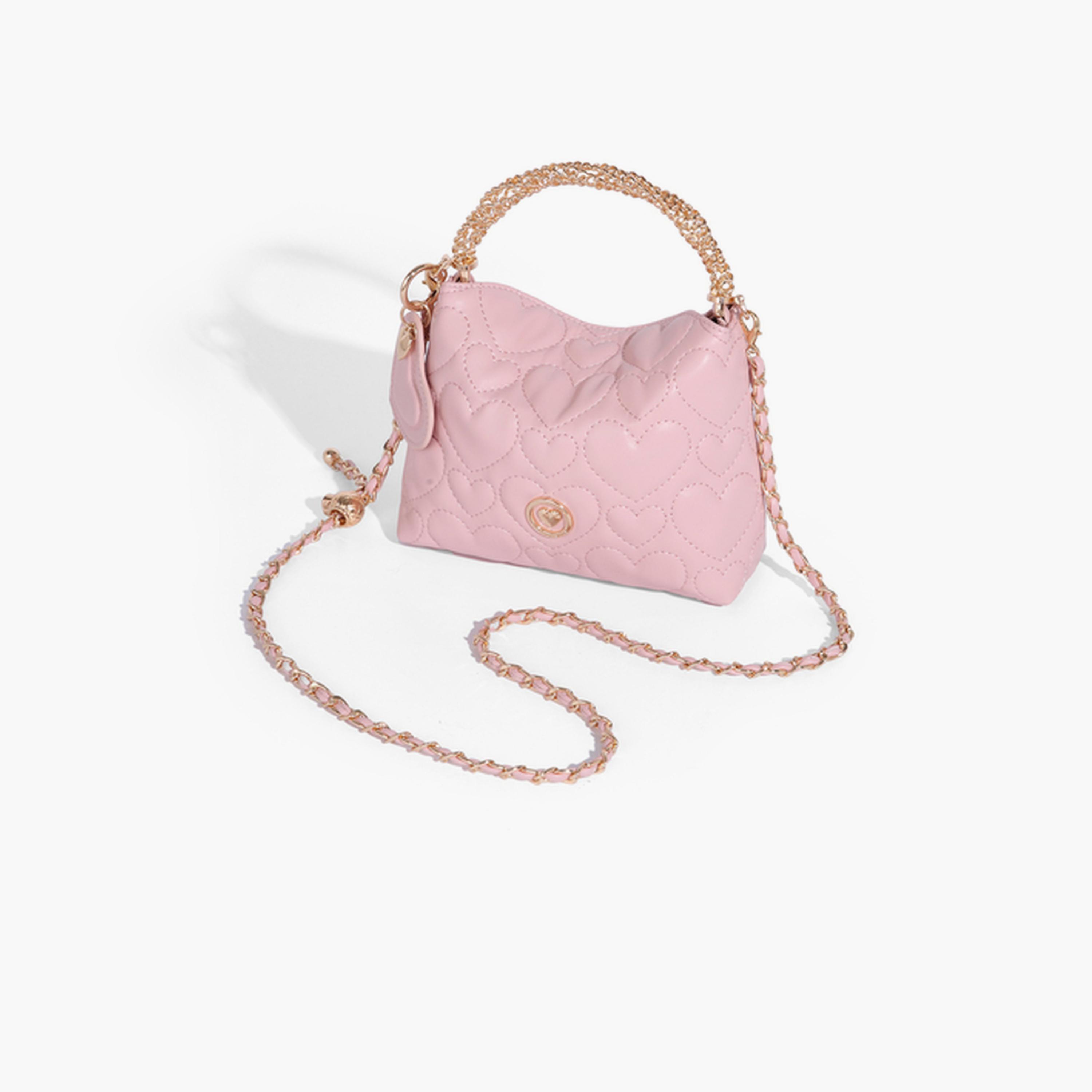 شنطة كروس مبطنة بسلسلة ذهبية بتصميم قلب باللون الوردي-women-bagsandwallets-handbags-image-1
