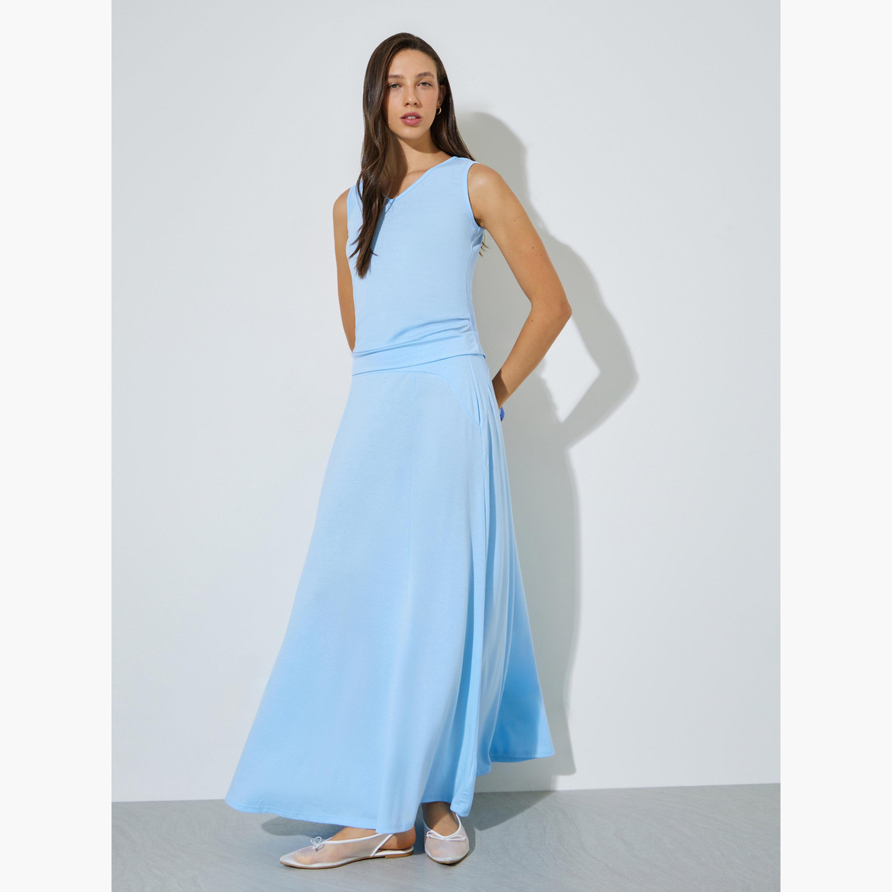 Styli Blue Knit Tank Top and A-Line Maxi Skirts Set-women-clothing-coordsets-image-3