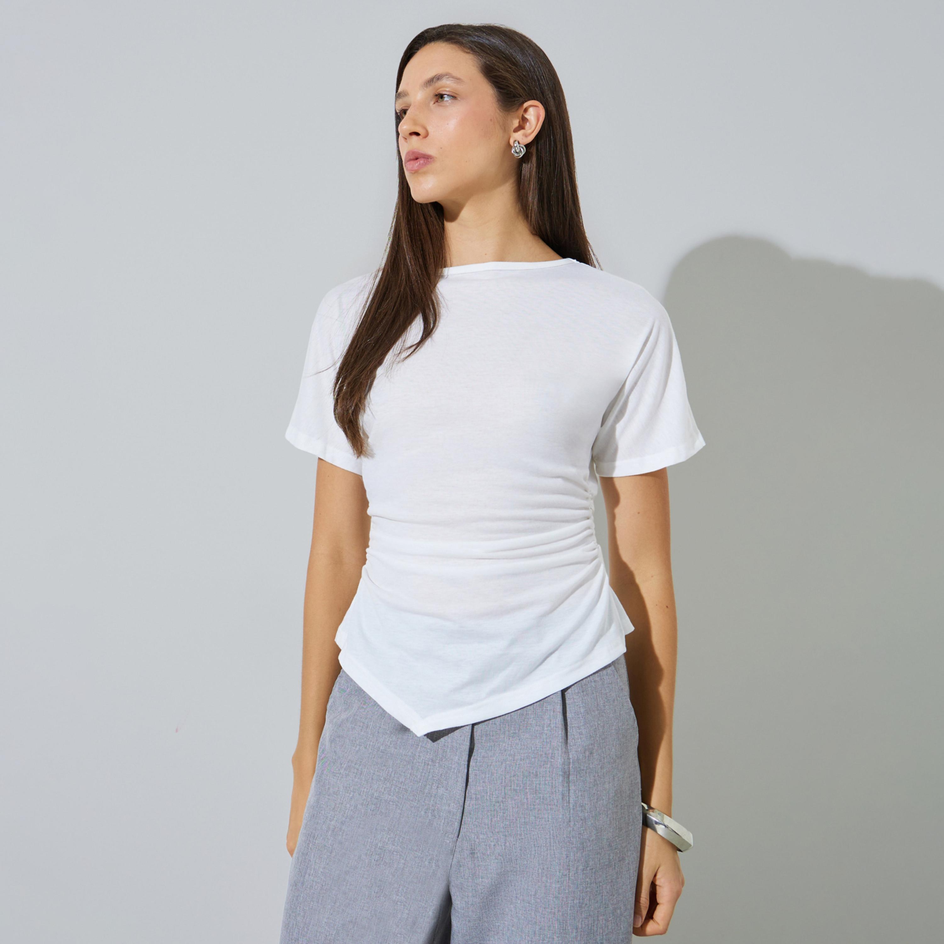 Styli White Gathered Asymmetric Hem T-Shirt-women-clothing-tshirts-image-1