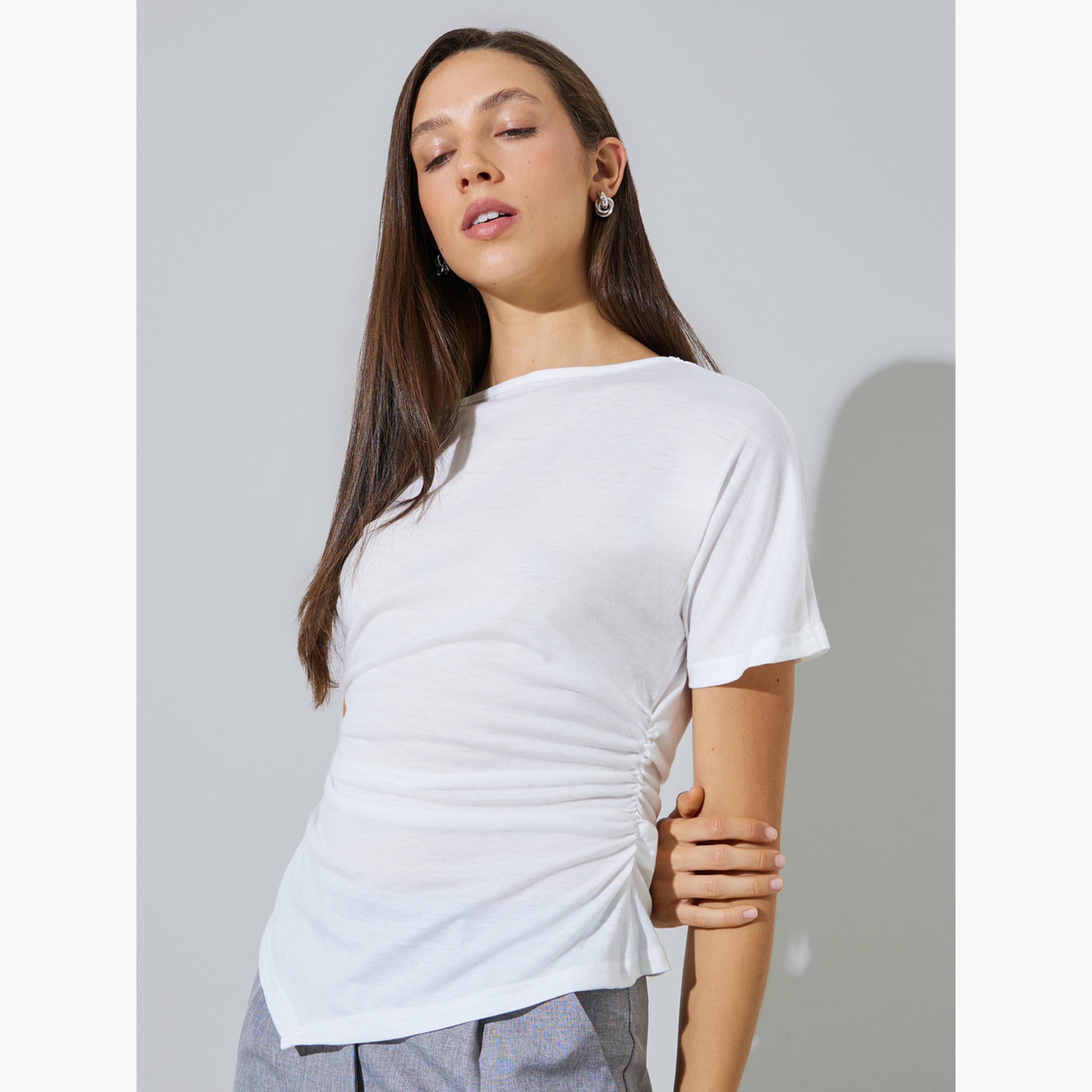 Styli White Gathered Asymmetric Hem T-Shirt-women-clothing-tshirts-image-3