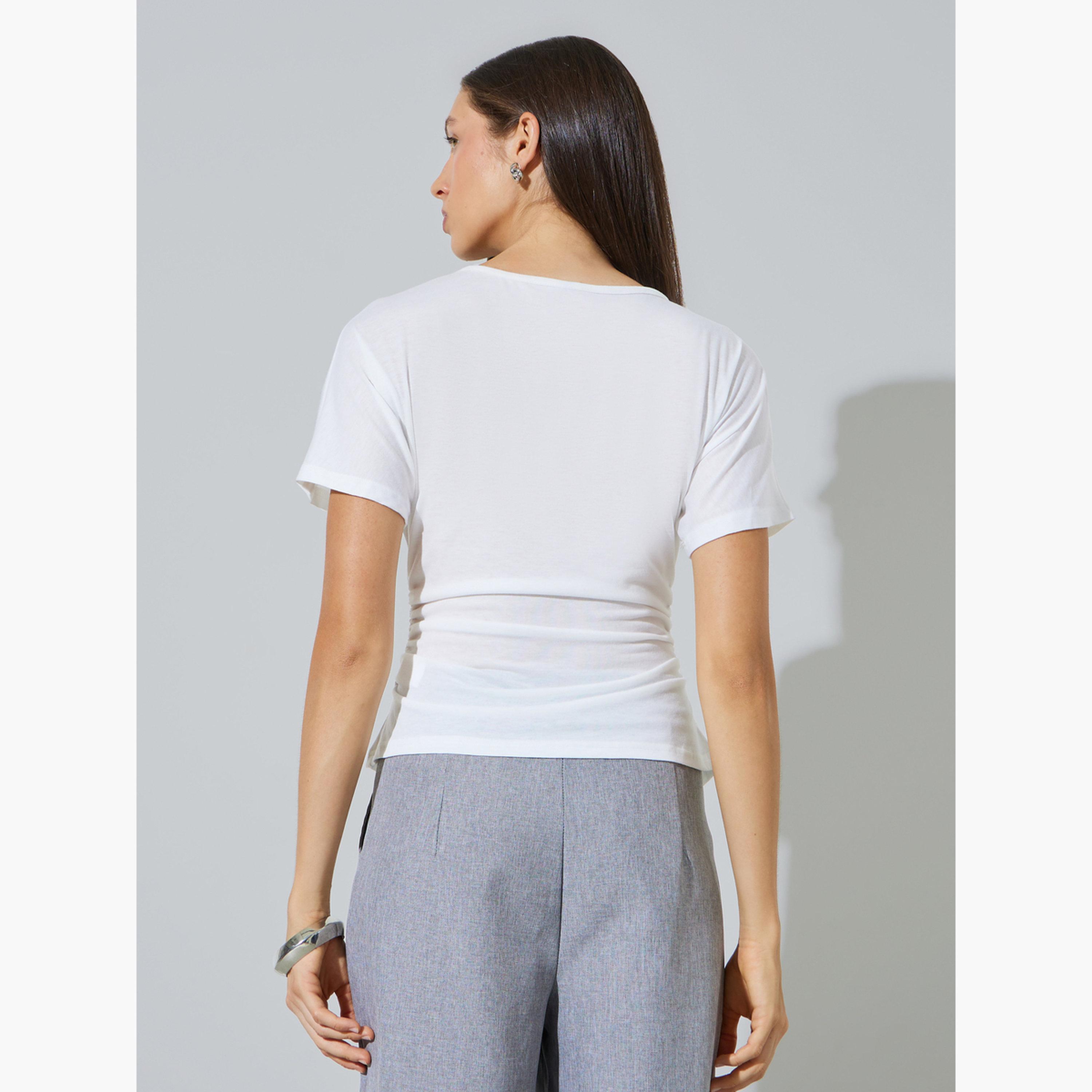 Styli White Gathered Asymmetric Hem T-Shirt-women-clothing-tshirts-image-4
