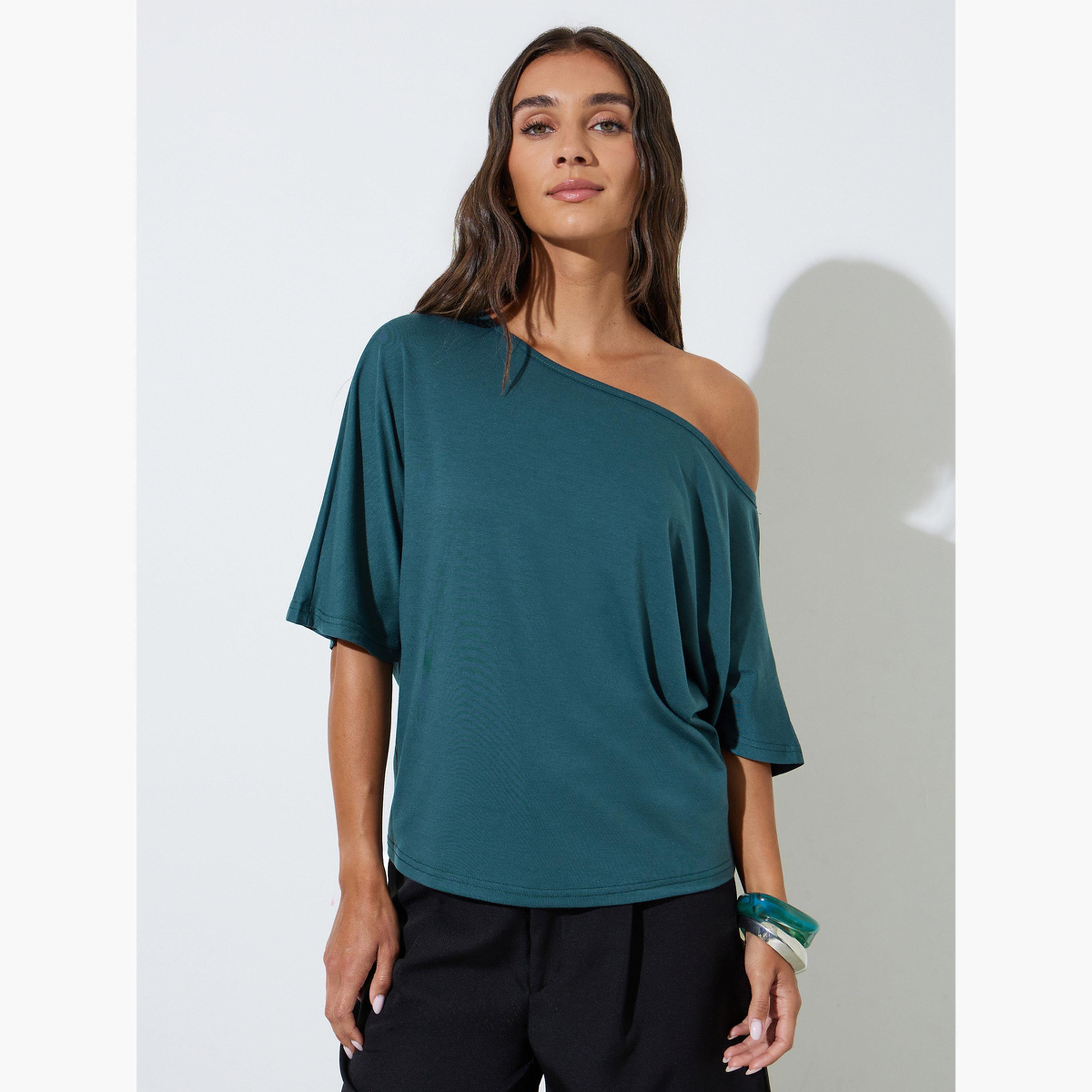 Styli Green Plain One Shoulder Regular Fit T-shirt-women-clothing-tshirts-image-1