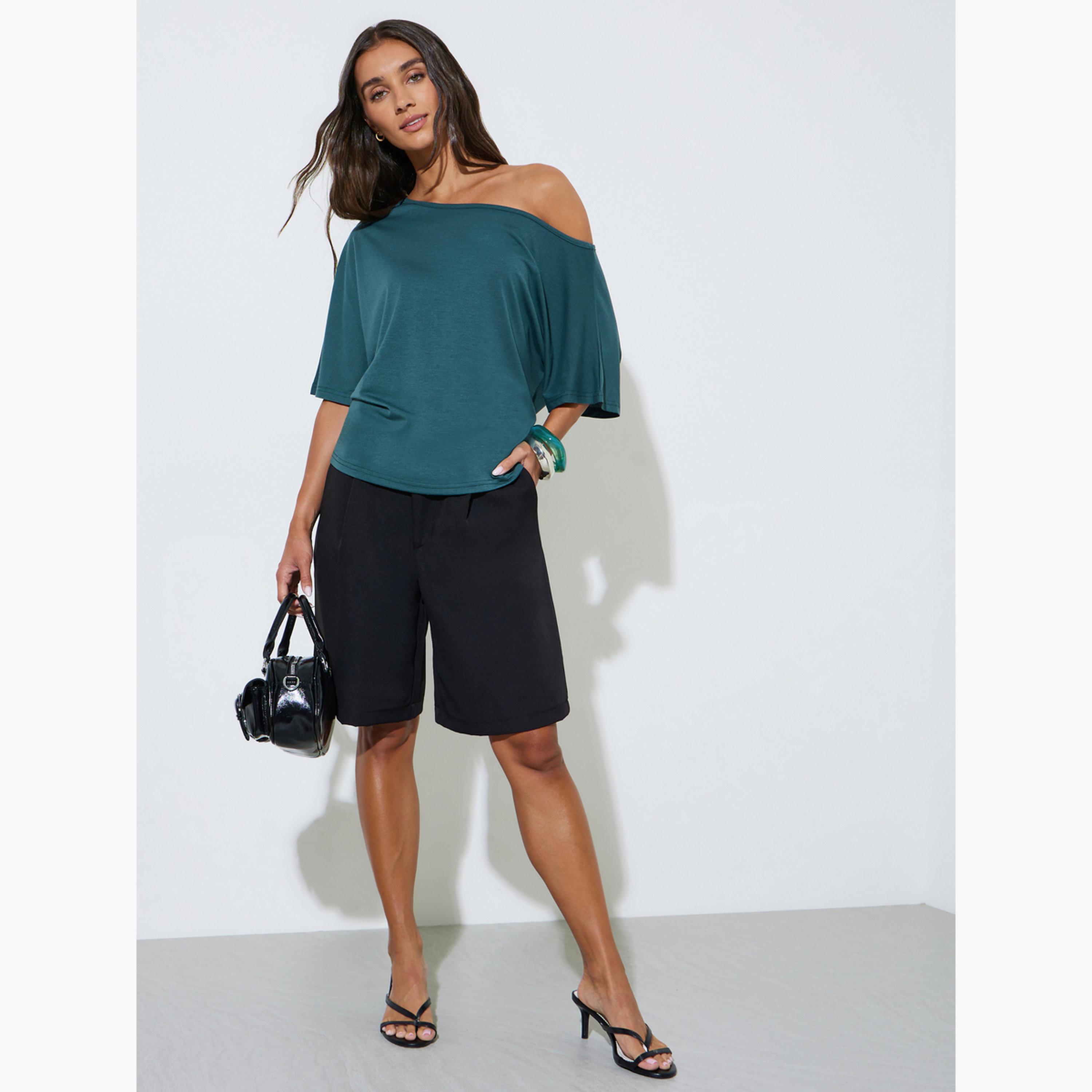Styli Green Plain One Shoulder Regular Fit T-shirt-women-clothing-tshirts-image-2
