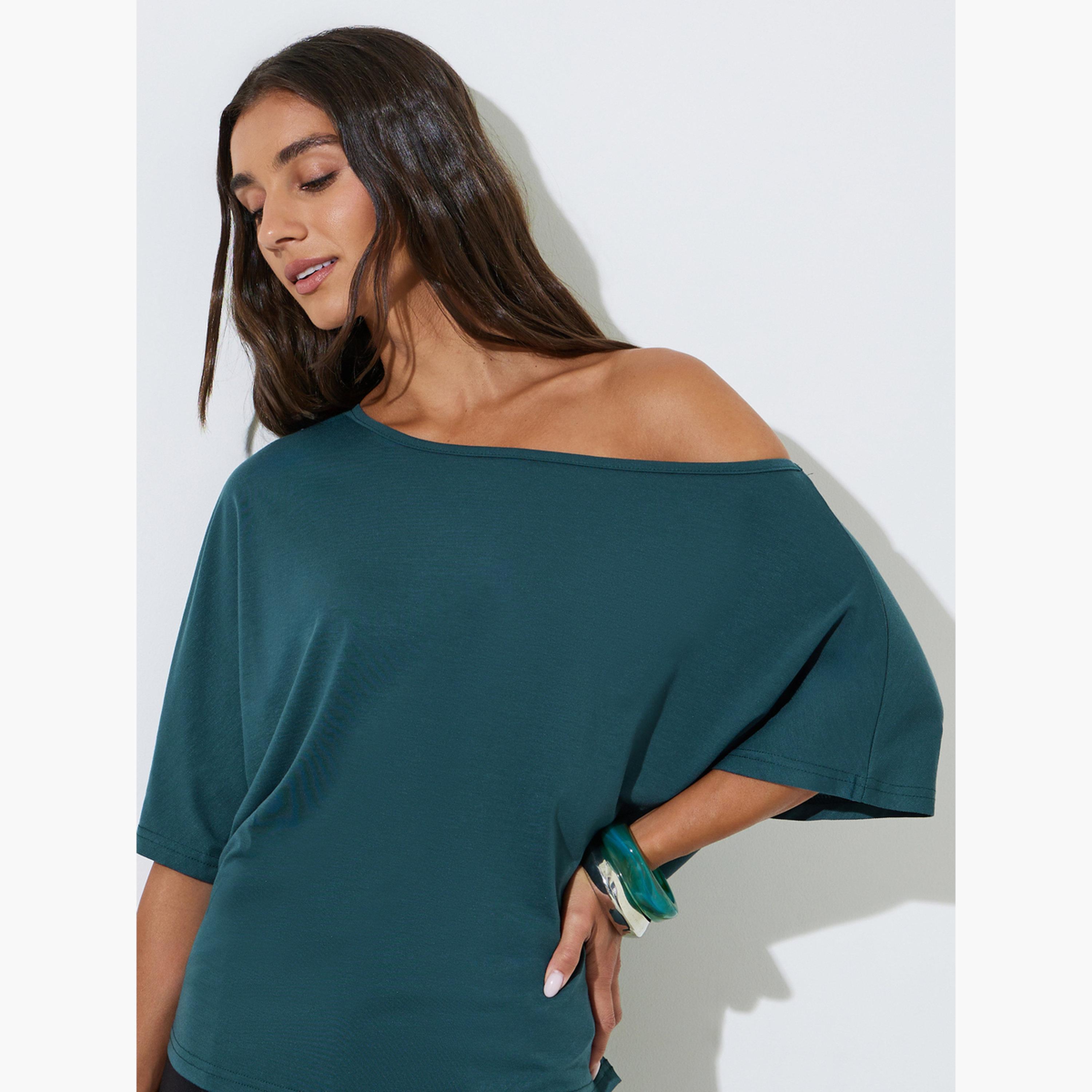 Styli Green Plain One Shoulder Regular Fit T-shirt-women-clothing-tshirts-image-3