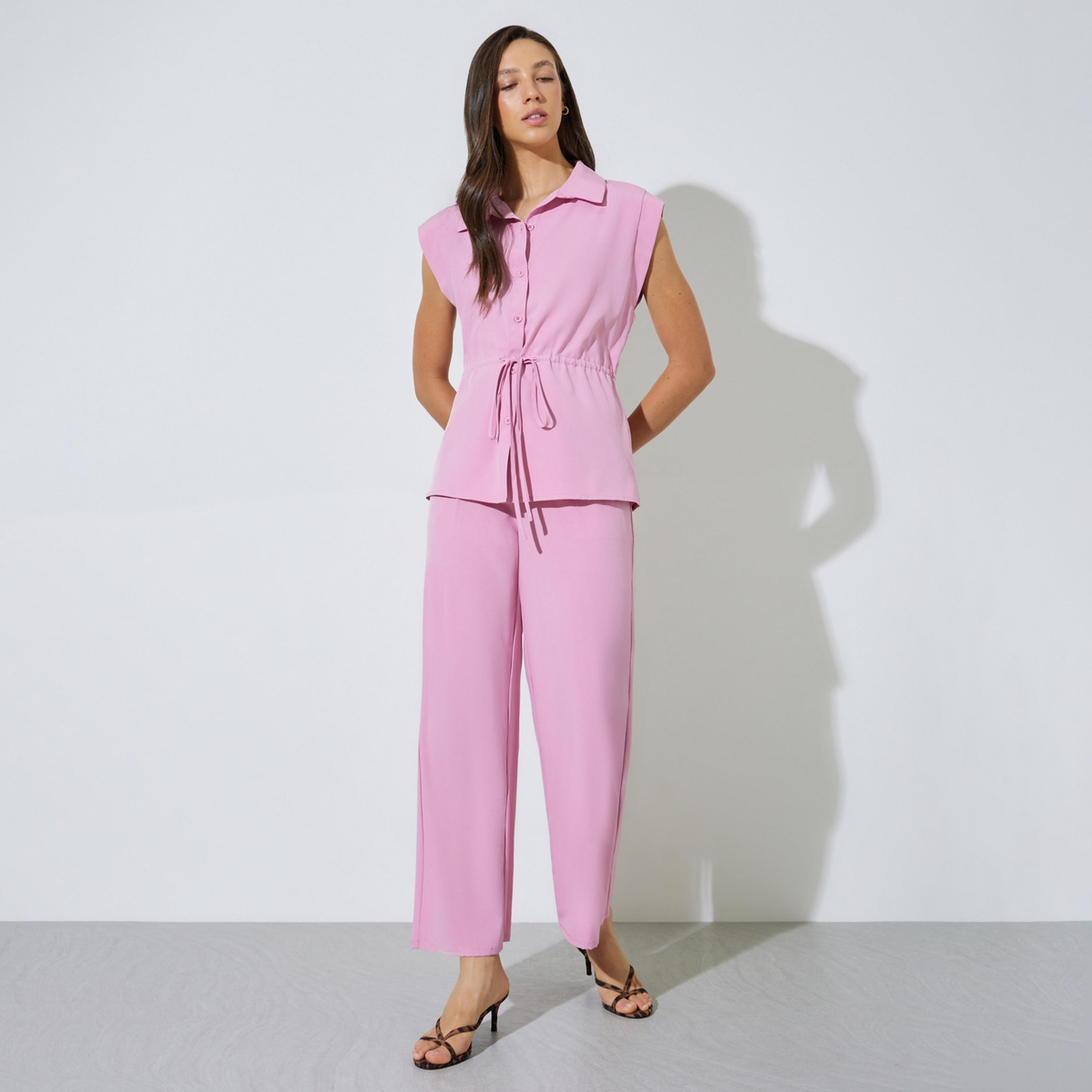طقم منسق من بنطال وبلوزة بلا أكمام برباط-women-clothing-coordsets-image-1