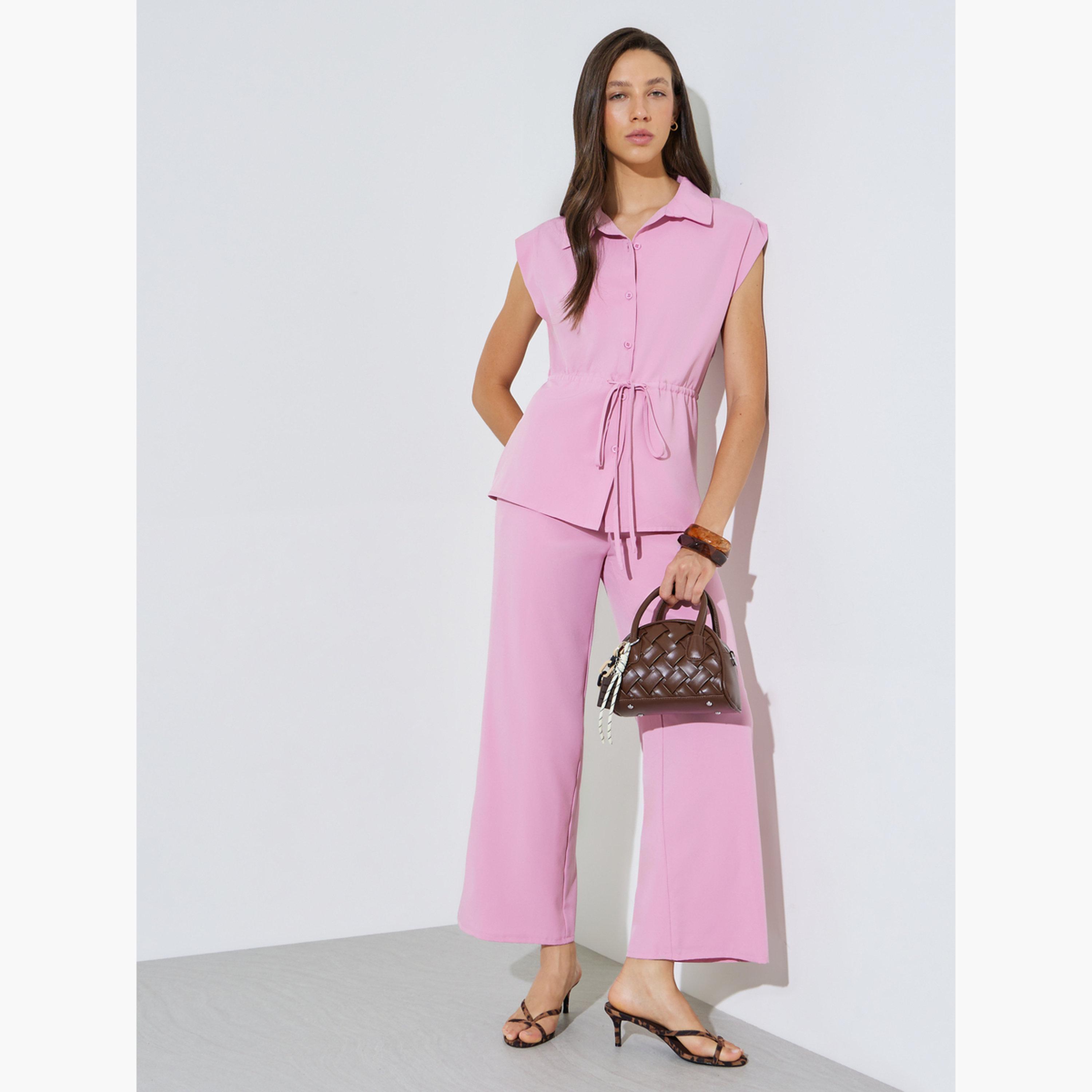 طقم منسق من بنطال وبلوزة بلا أكمام برباط-women-clothing-coordsets-image-3