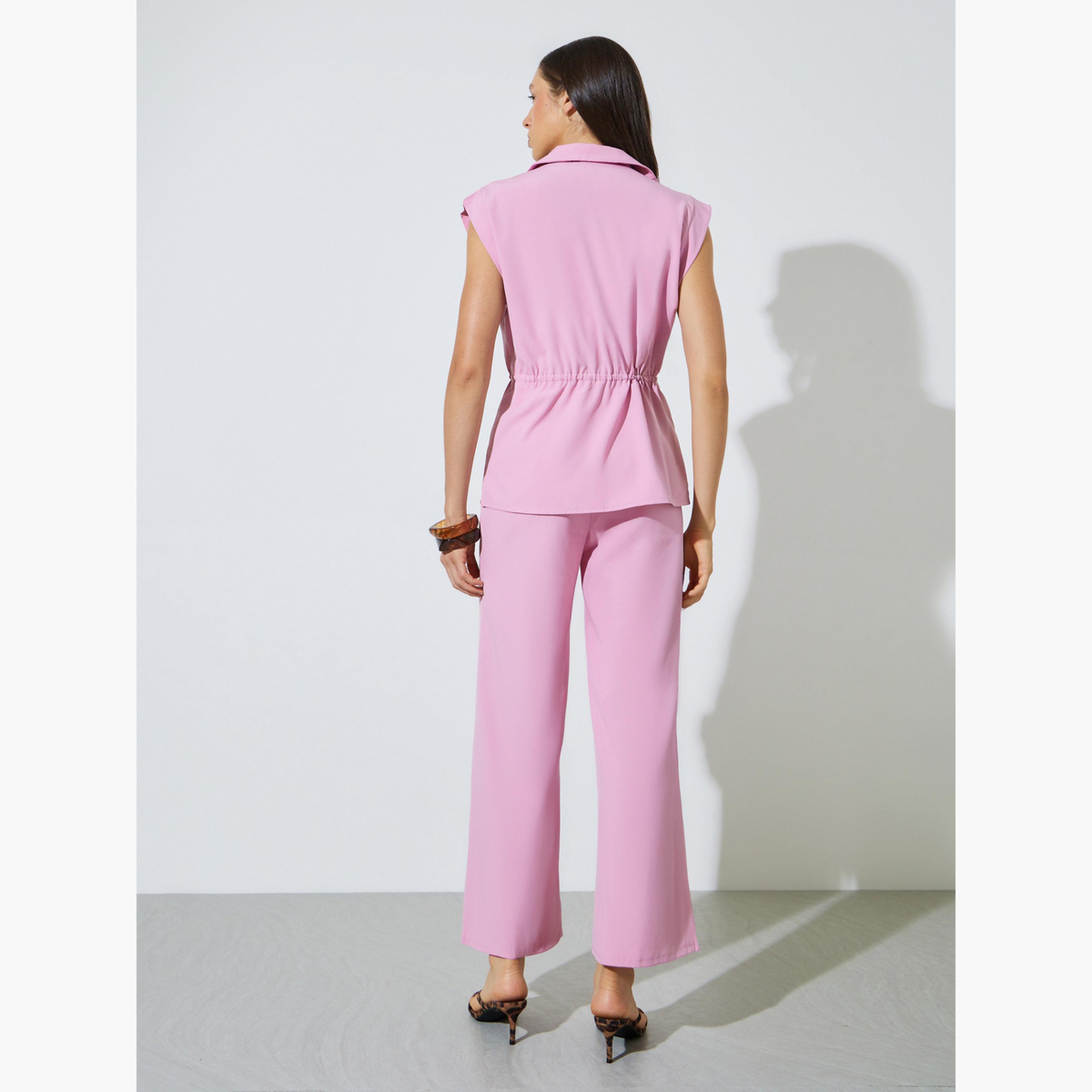 طقم منسق من بنطال وبلوزة بلا أكمام برباط-women-clothing-coordsets-image-4