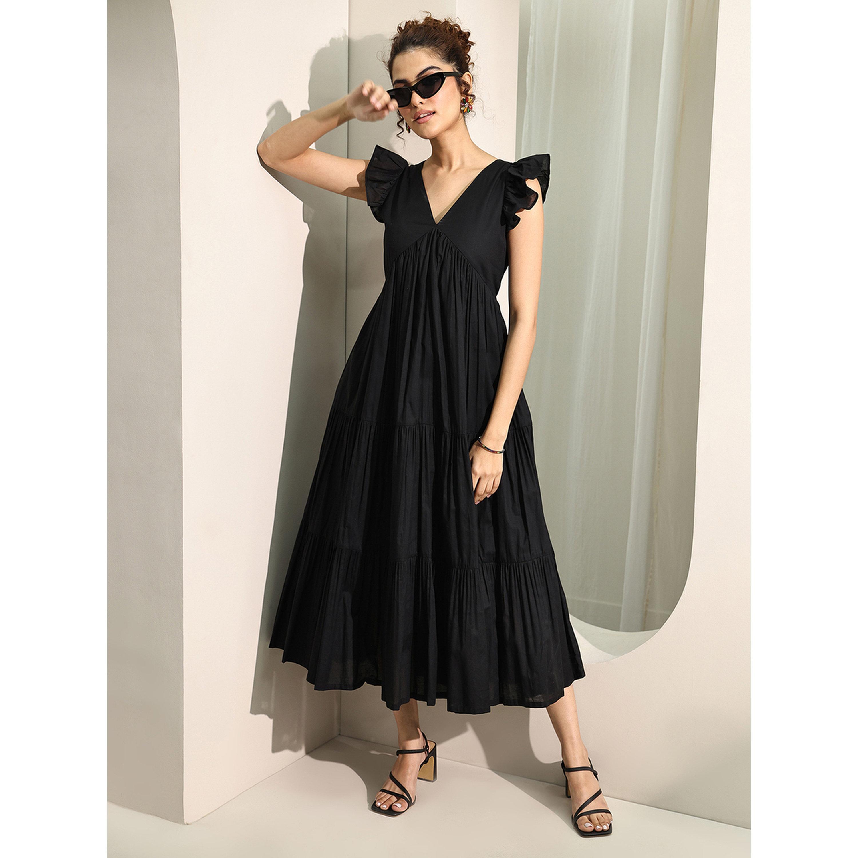 Libas X Styli Black Solid Cotton Tiered Midi Dress-women-clothing-dresses-image-2