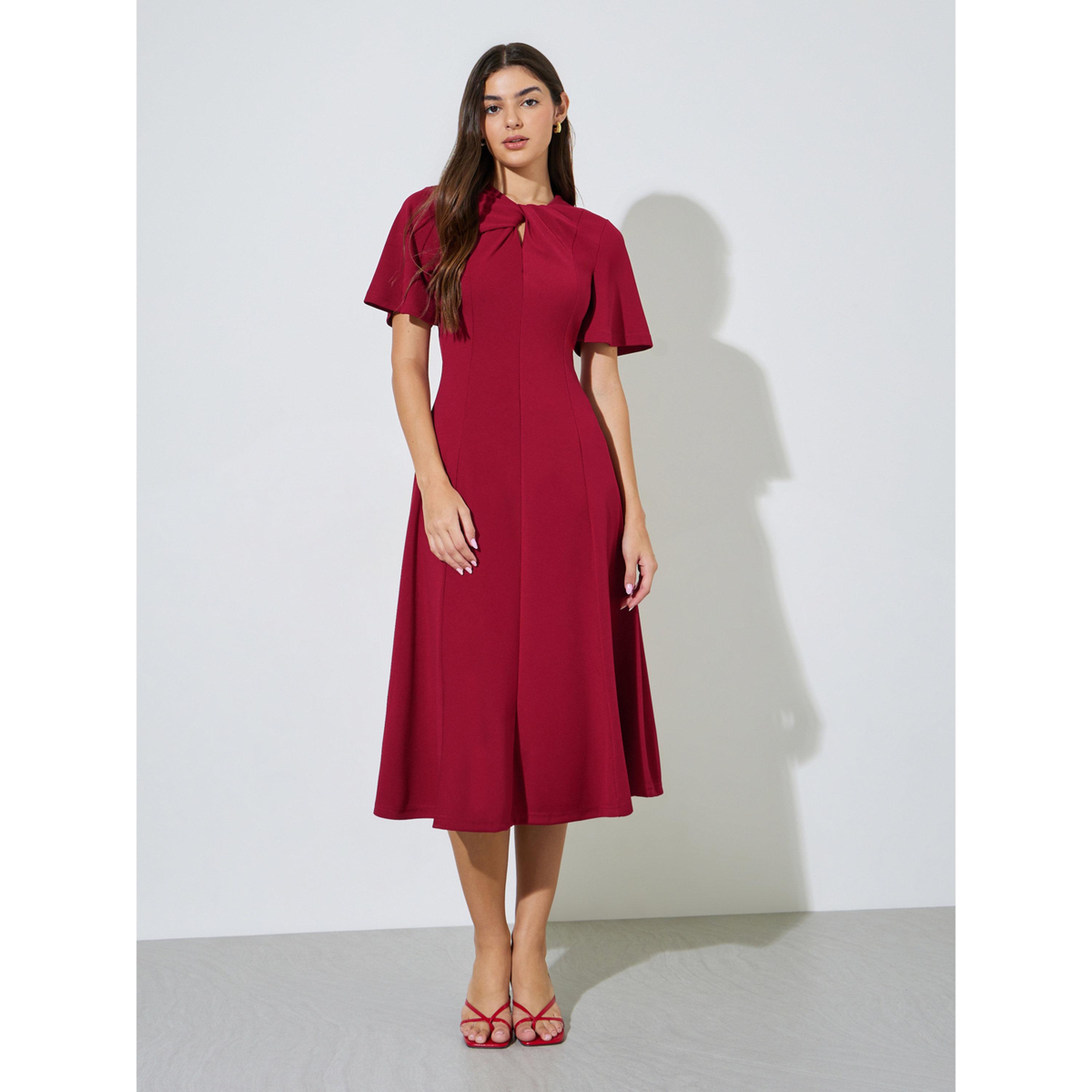 Styli Red Solid Short Sleeves A-Line Midi Dress-women-clothing-dresses-image-1