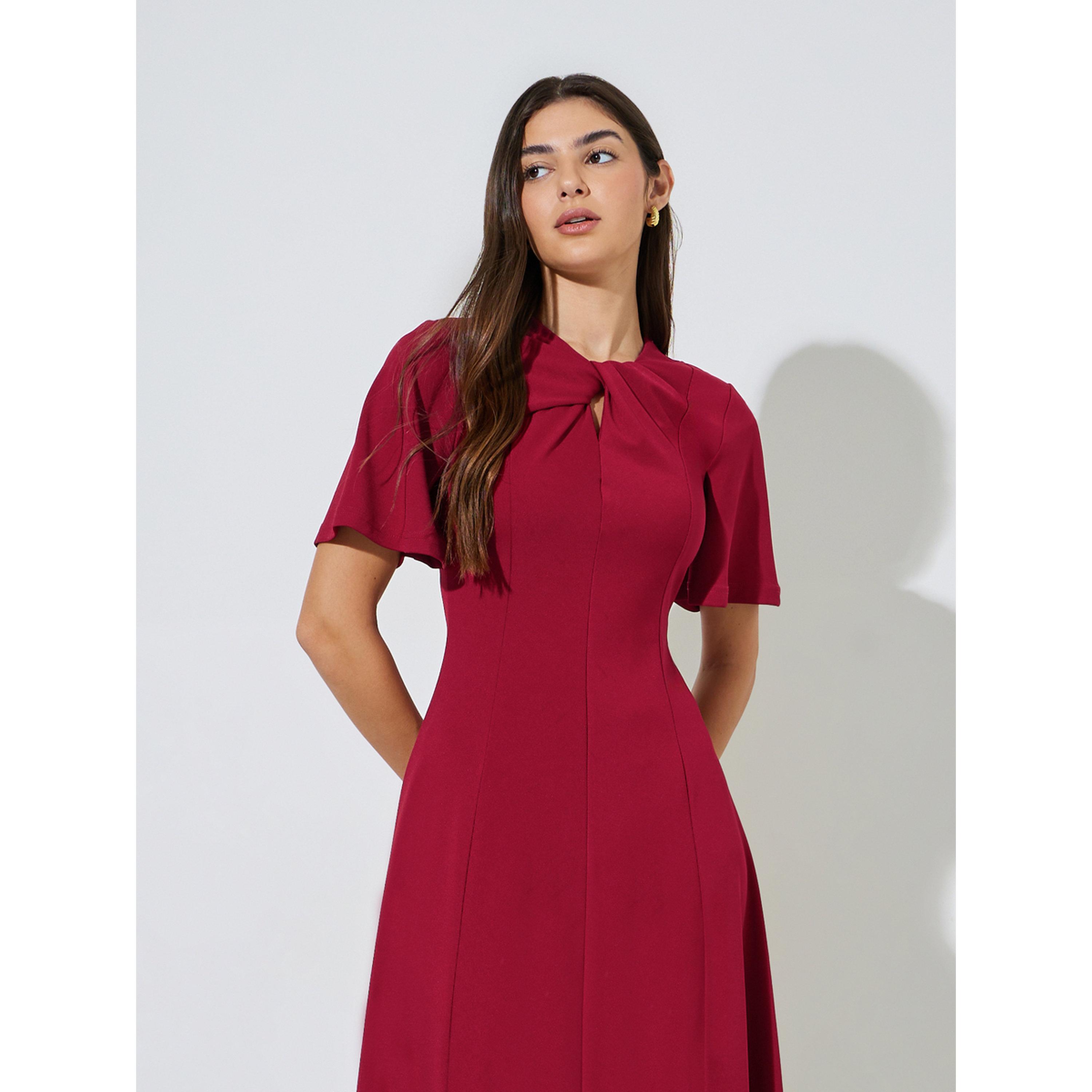 Styli Red Solid Short Sleeves A-Line Midi Dress-women-clothing-dresses-image-2