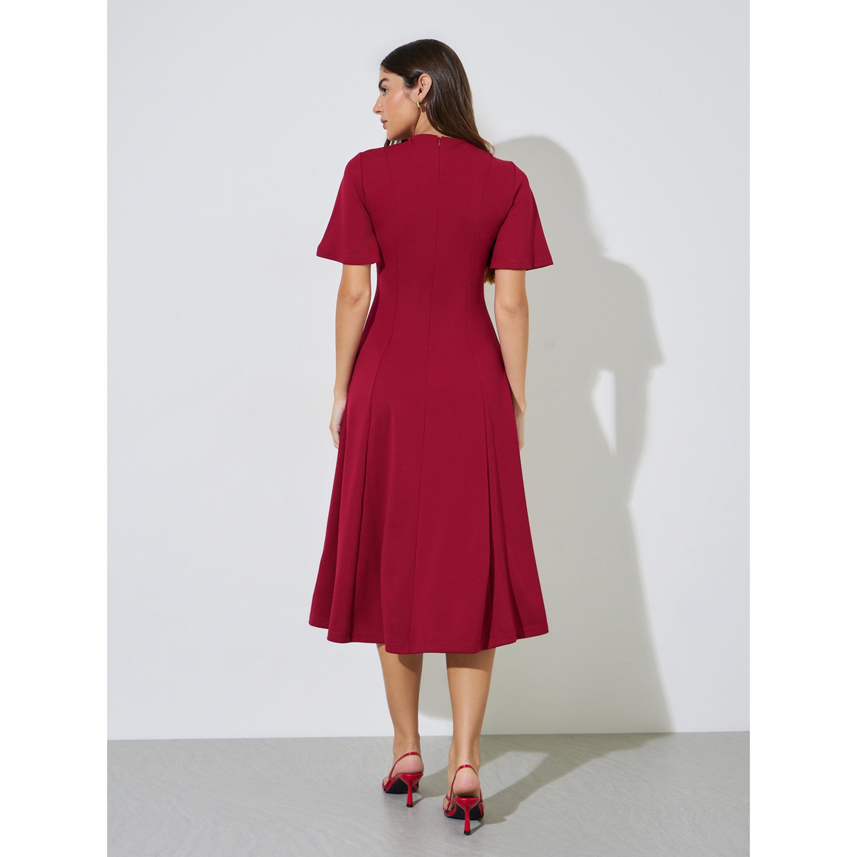 Styli Red Solid Short Sleeves A-Line Midi Dress-women-clothing-dresses-image-3