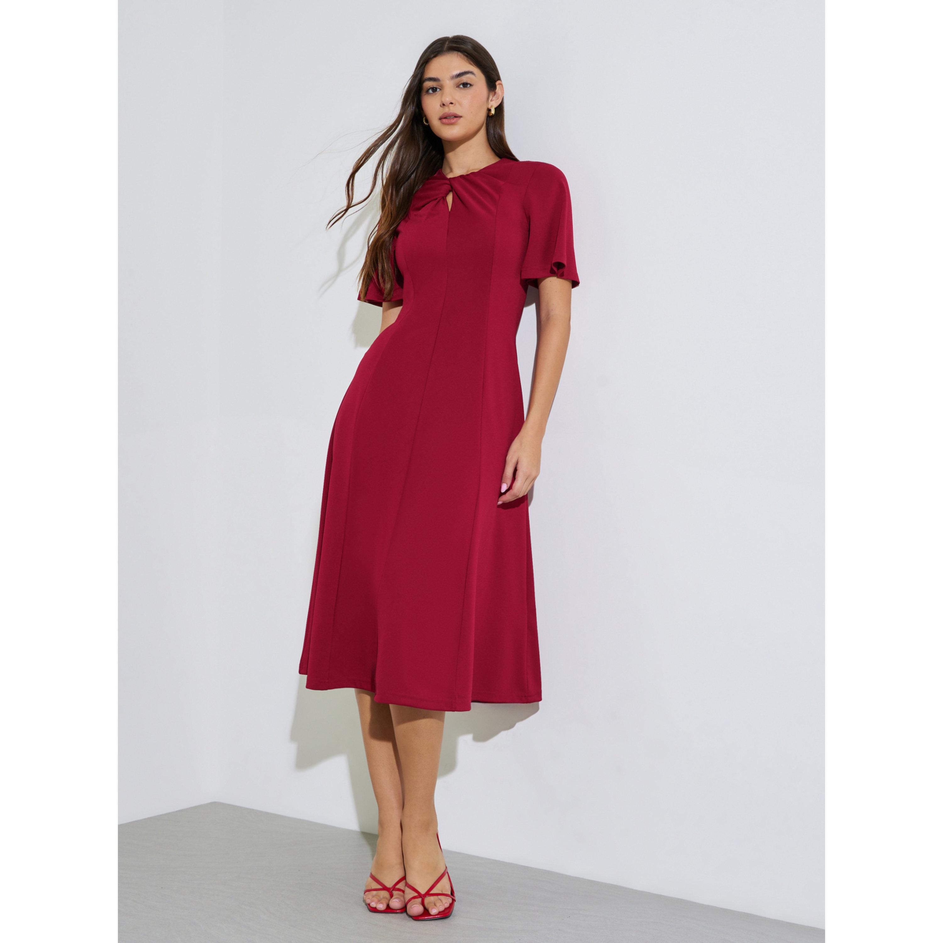 Styli Red Solid Short Sleeves A-Line Midi Dress-women-clothing-dresses-image-4