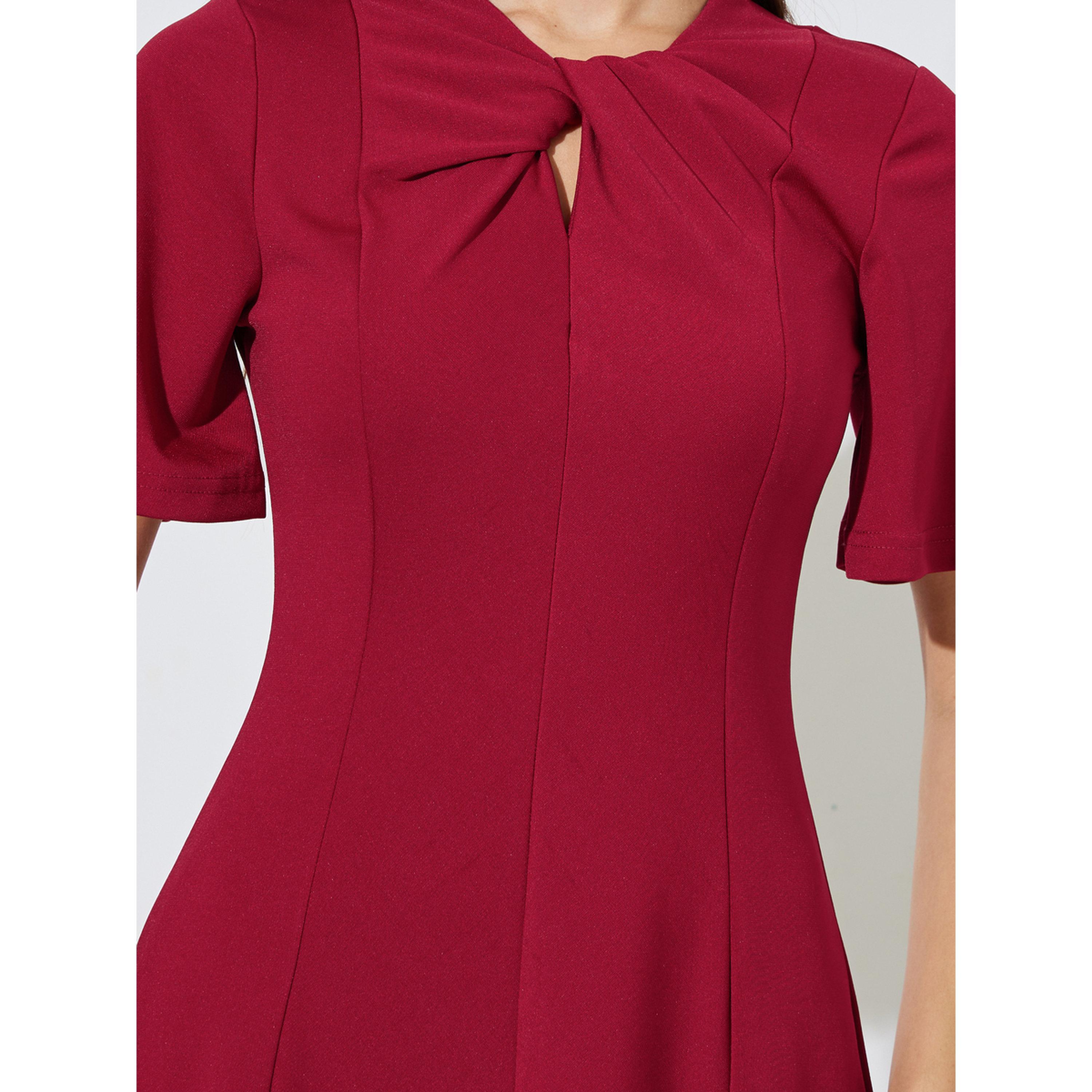 Styli Red Solid Short Sleeves A-Line Midi Dress-women-clothing-dresses-image-5