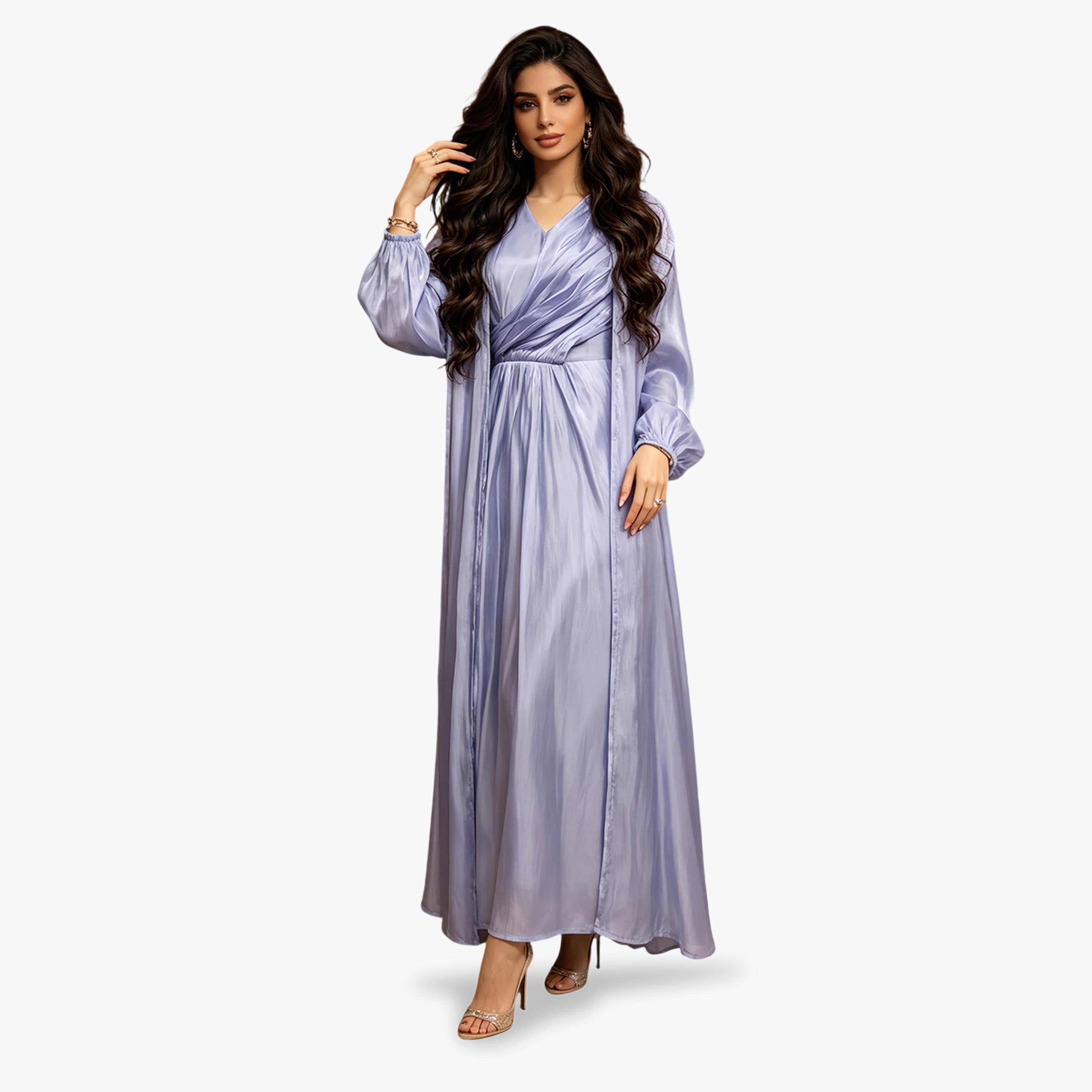 Take Two 2-Piece Plain Long Sleeves Draped Jalabiya Set-women-arabicclothing-sets-image-1