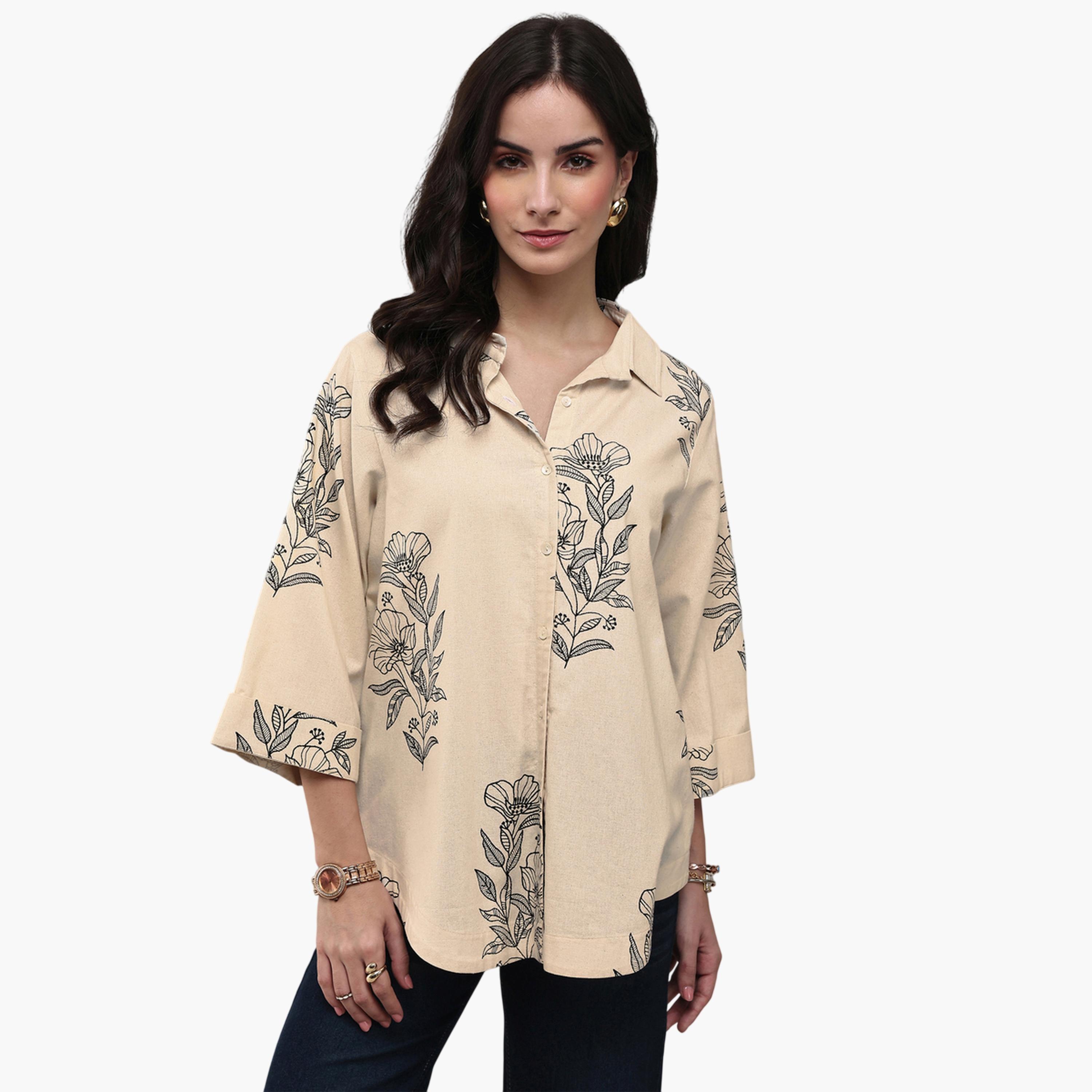 Libas X Styli Off White Printed Cotton Shirt-women-clothing-shirtsandblouses-shirts-image-1