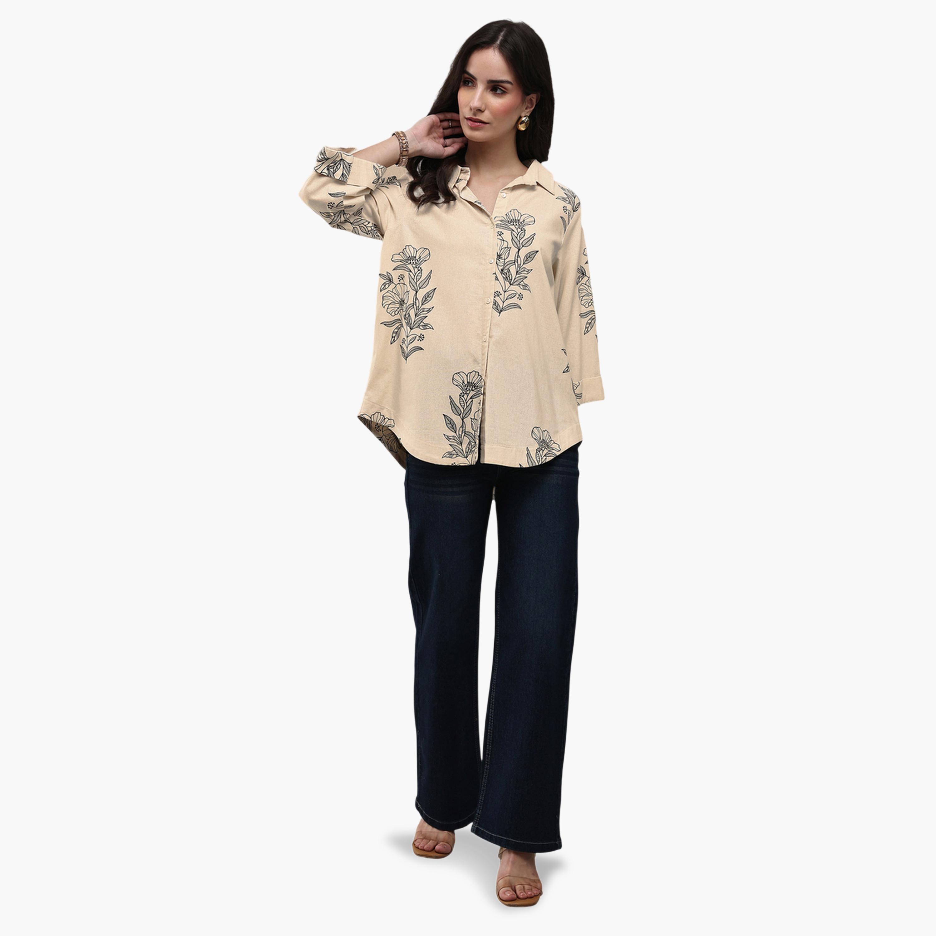 Libas X Styli Off White Printed Cotton Shirt-women-clothing-shirtsandblouses-shirts-image-2