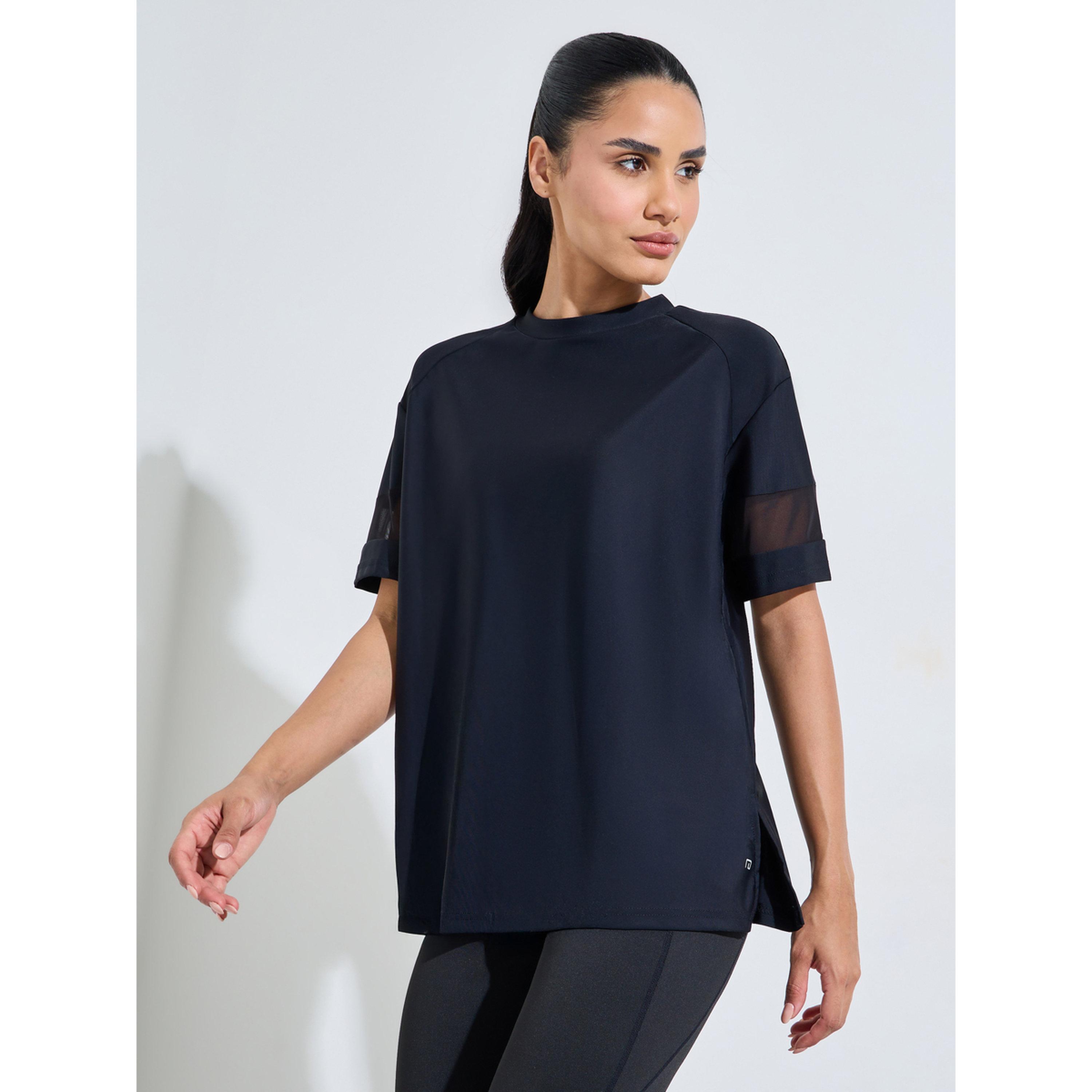 Styli Black Solid Mesh Insert Sleeves Side Slit Active T-Shirt-sports-women-clothing-tshirtsandvests-image-1