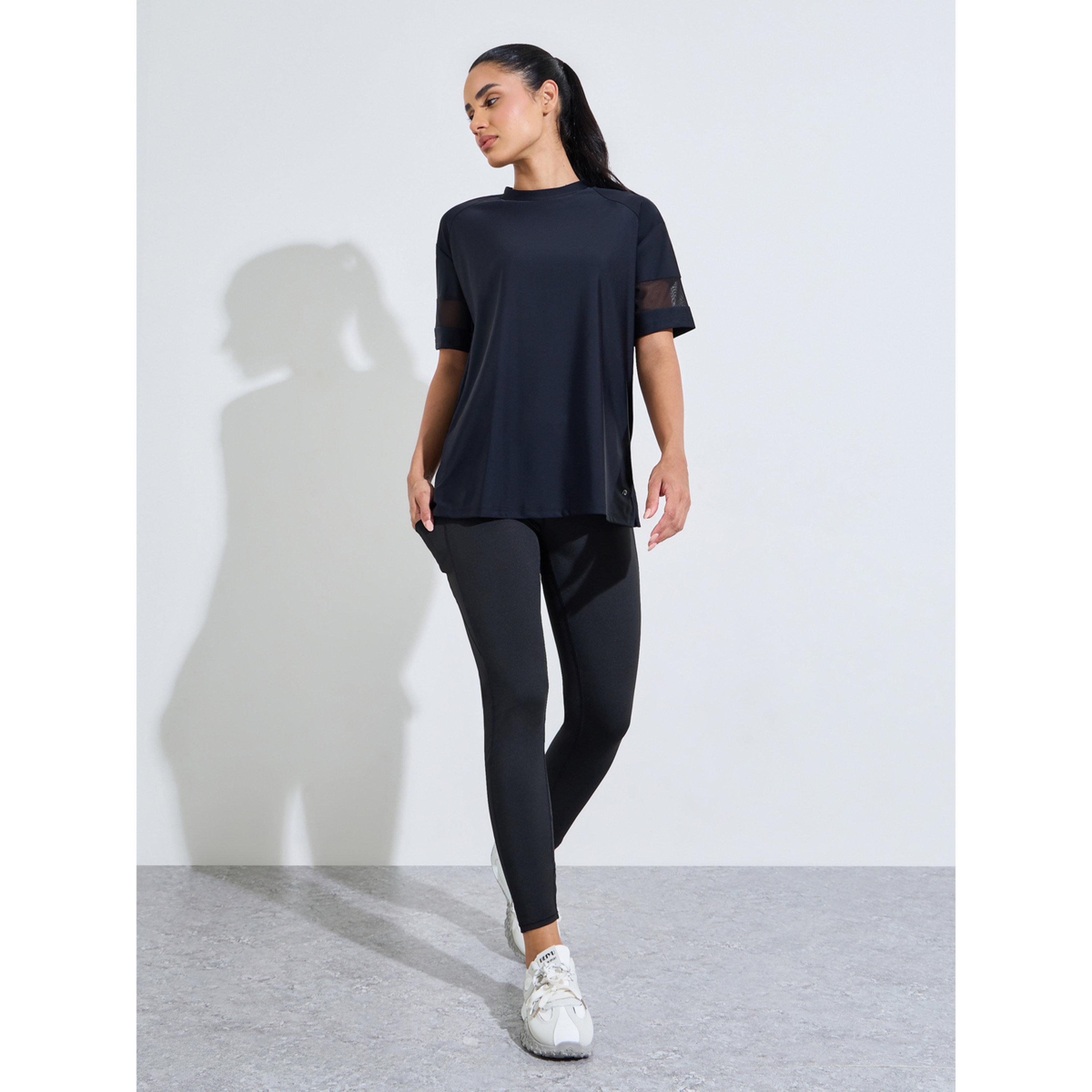 Styli Black Solid Mesh Insert Sleeves Side Slit Active T-Shirt-sports-women-clothing-tshirtsandvests-image-2