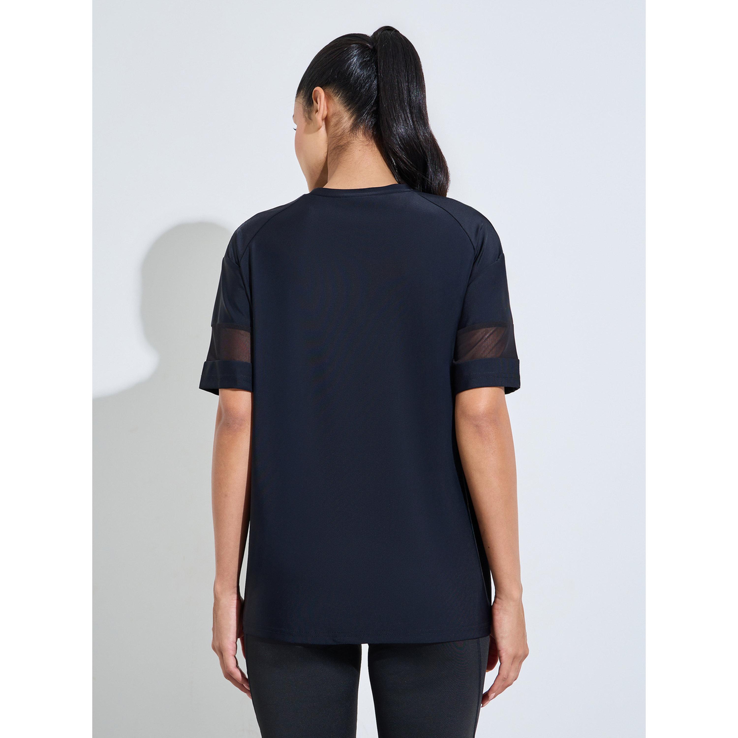 Styli Black Solid Mesh Insert Sleeves Side Slit Active T-Shirt-sports-women-clothing-tshirtsandvests-image-3