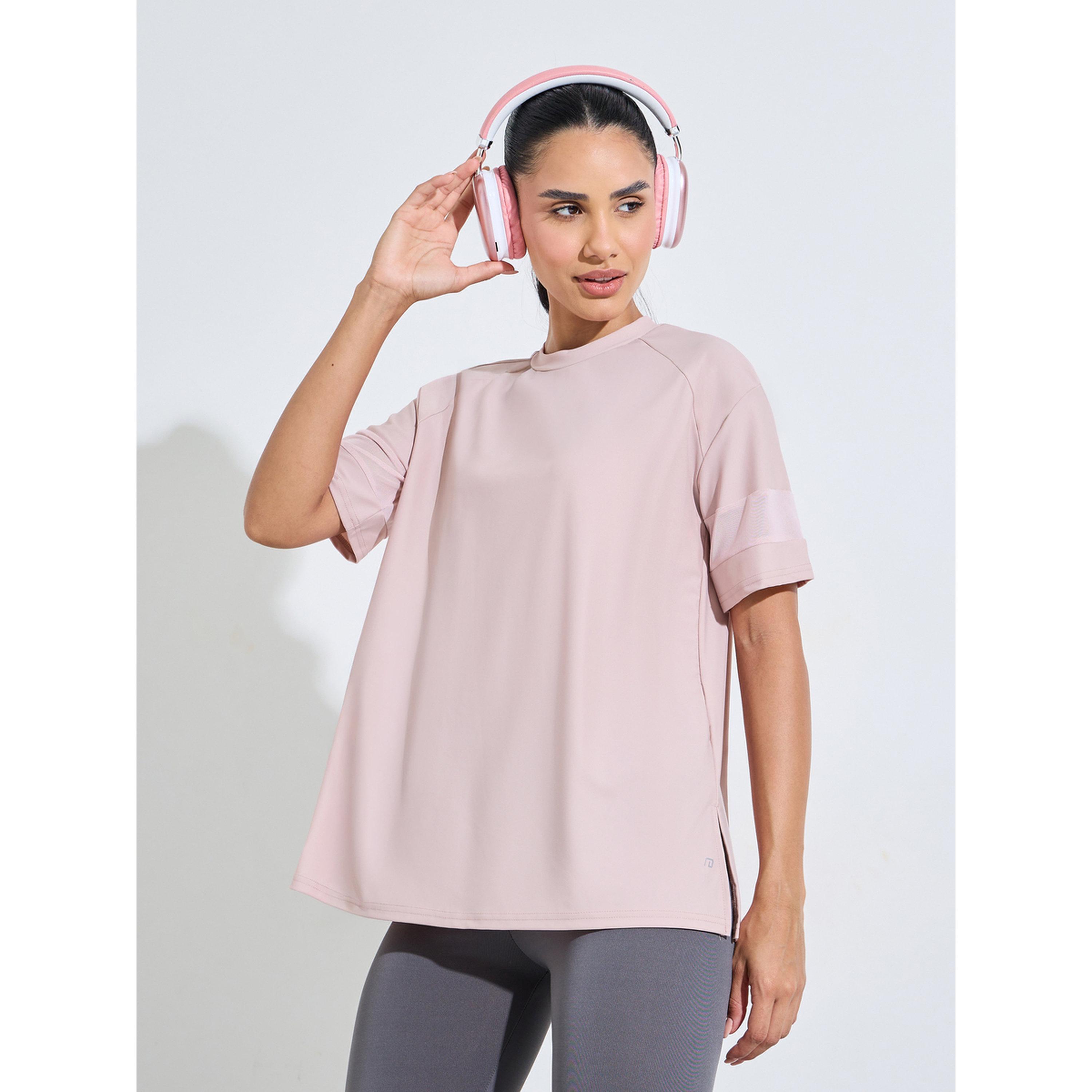 Styli Pink Solid Mesh Insert Sleeves Side Slit Active T-Shirt-sports-women-clothing-tshirtsandvests-image-1