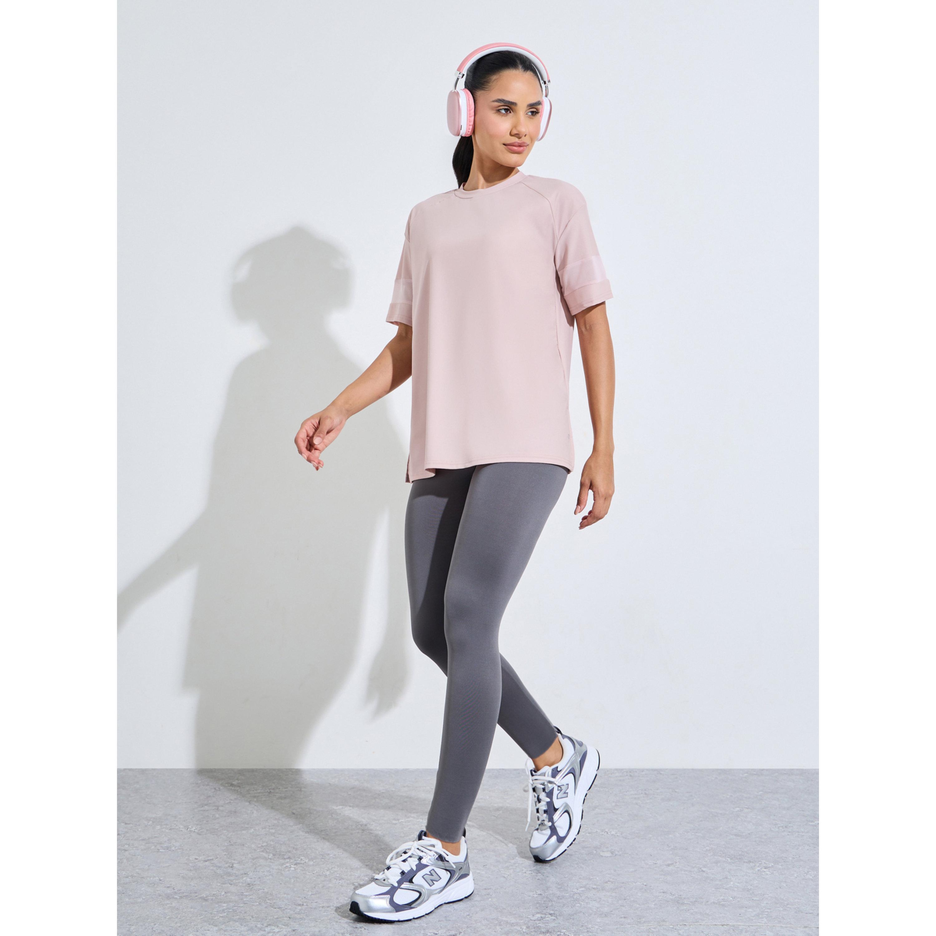 Styli Pink Solid Mesh Insert Sleeves Side Slit Active T-Shirt-sports-women-clothing-tshirtsandvests-image-2