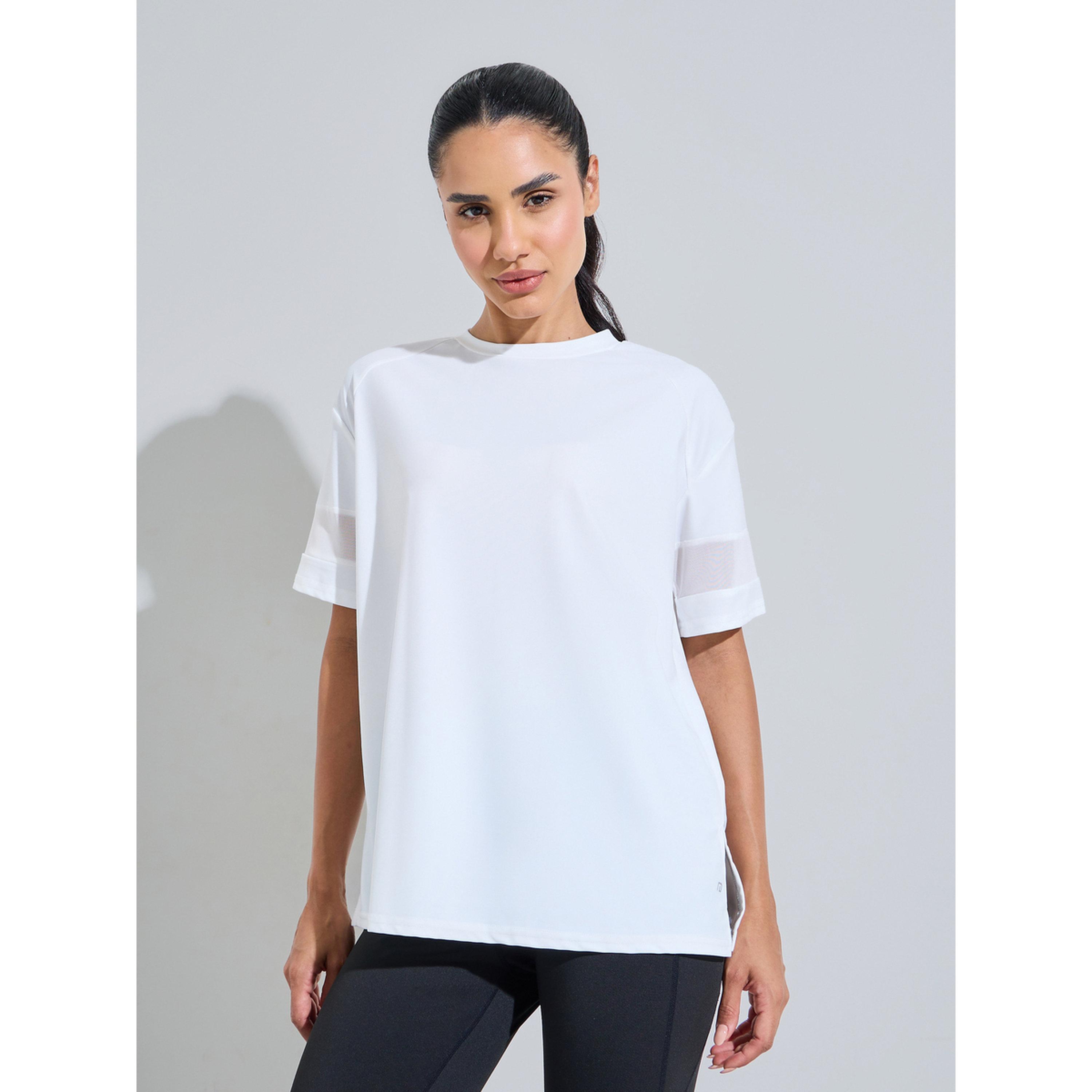 Styli White Solid Mesh Insert Sleeves Side Slit Active T-Shirt-sports-women-clothing-tshirtsandvests-image-1