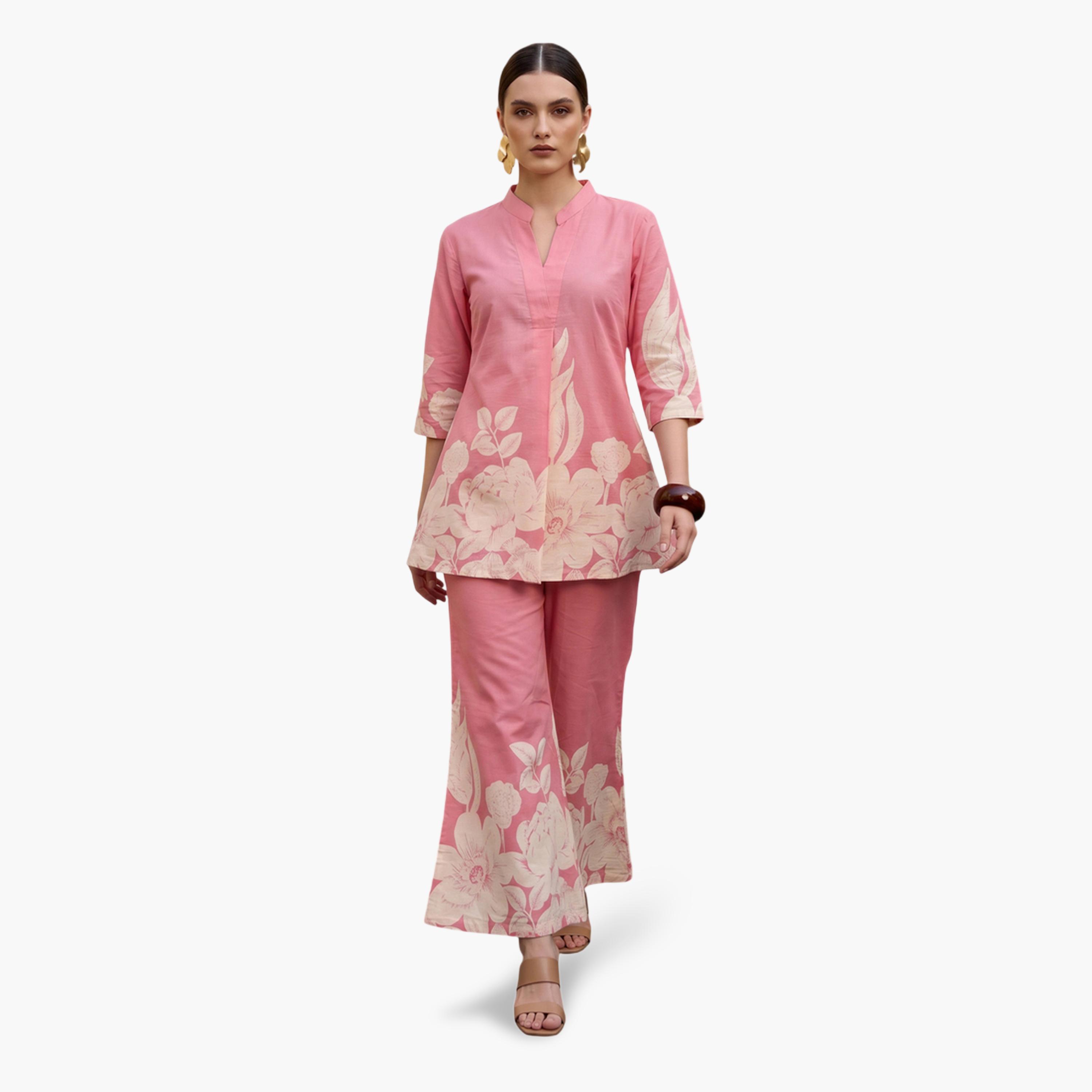 طقم منسق من بنطال وتونيك بطبعة أزهار باللون الوردي-women-clothing-coordsets-image-1