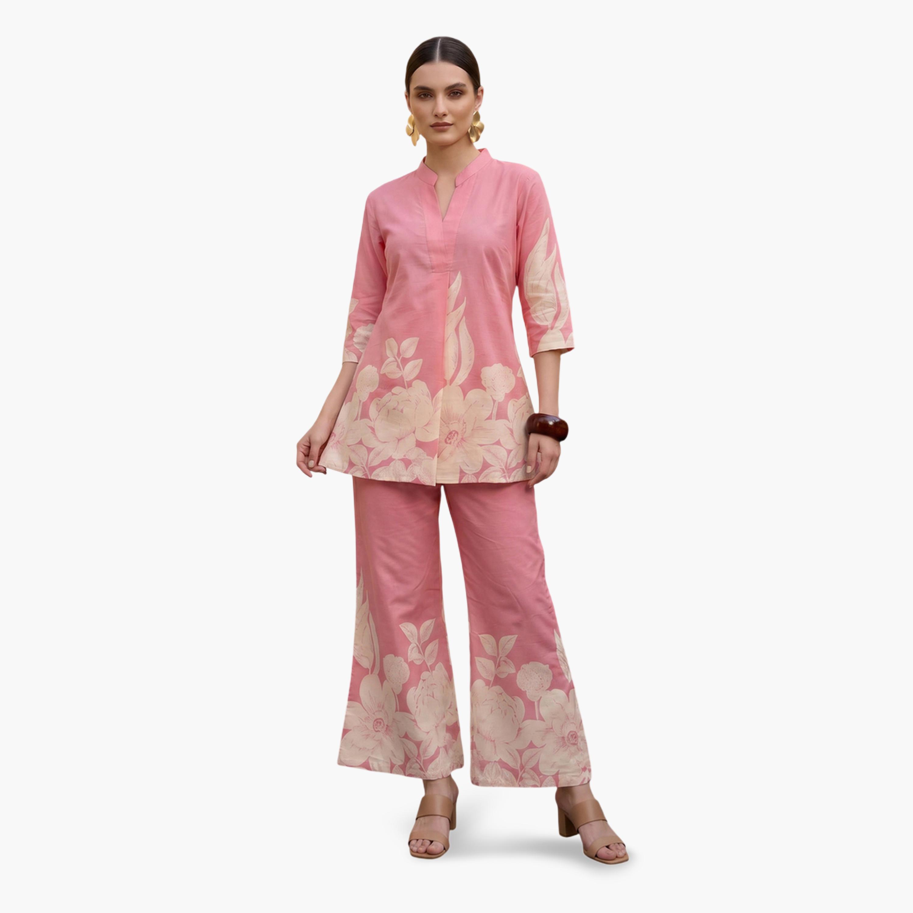 طقم منسق من بنطال وتونيك بطبعة أزهار باللون الوردي-women-clothing-coordsets-image-4