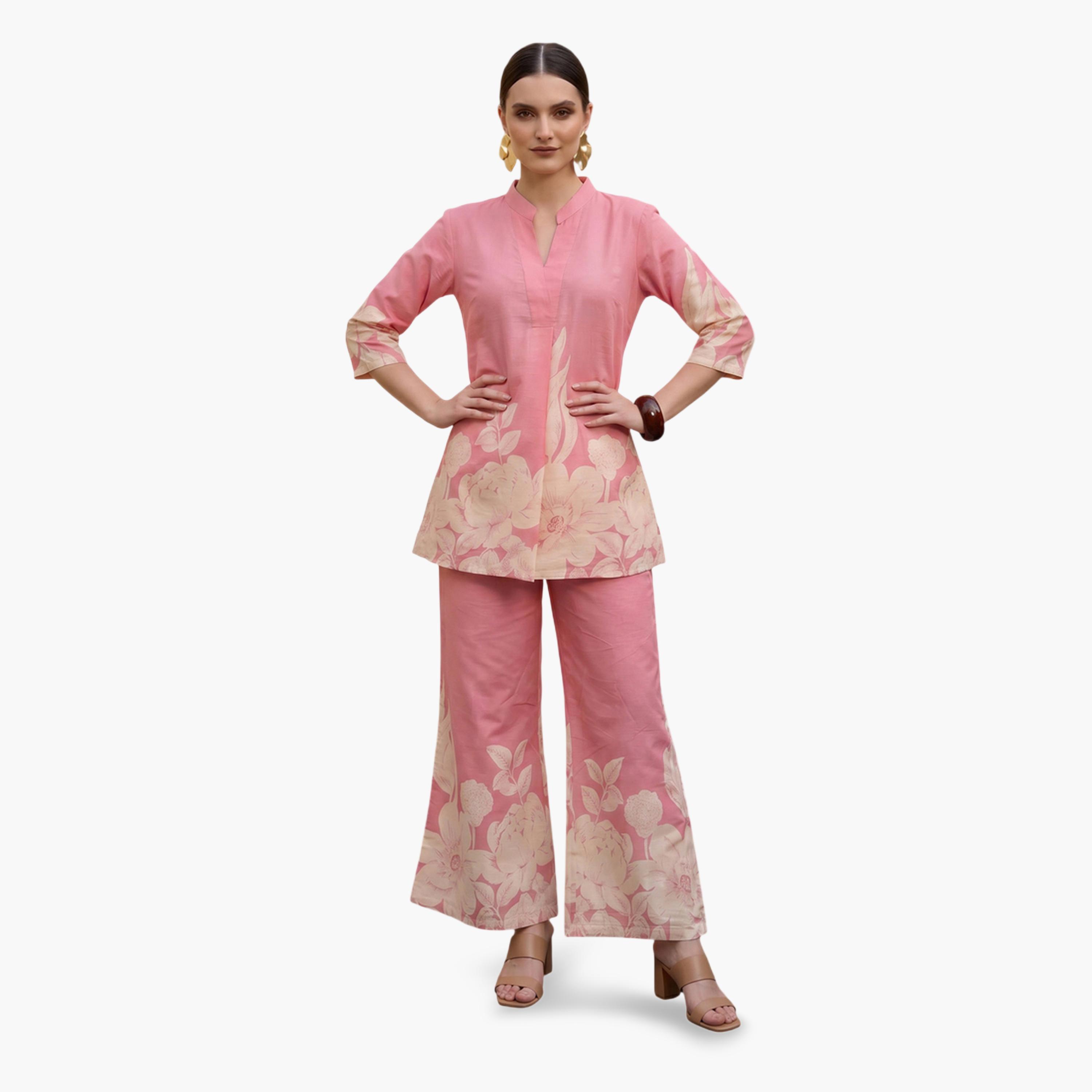 طقم منسق من بنطال وتونيك بطبعة أزهار باللون الوردي-women-clothing-coordsets-image-5