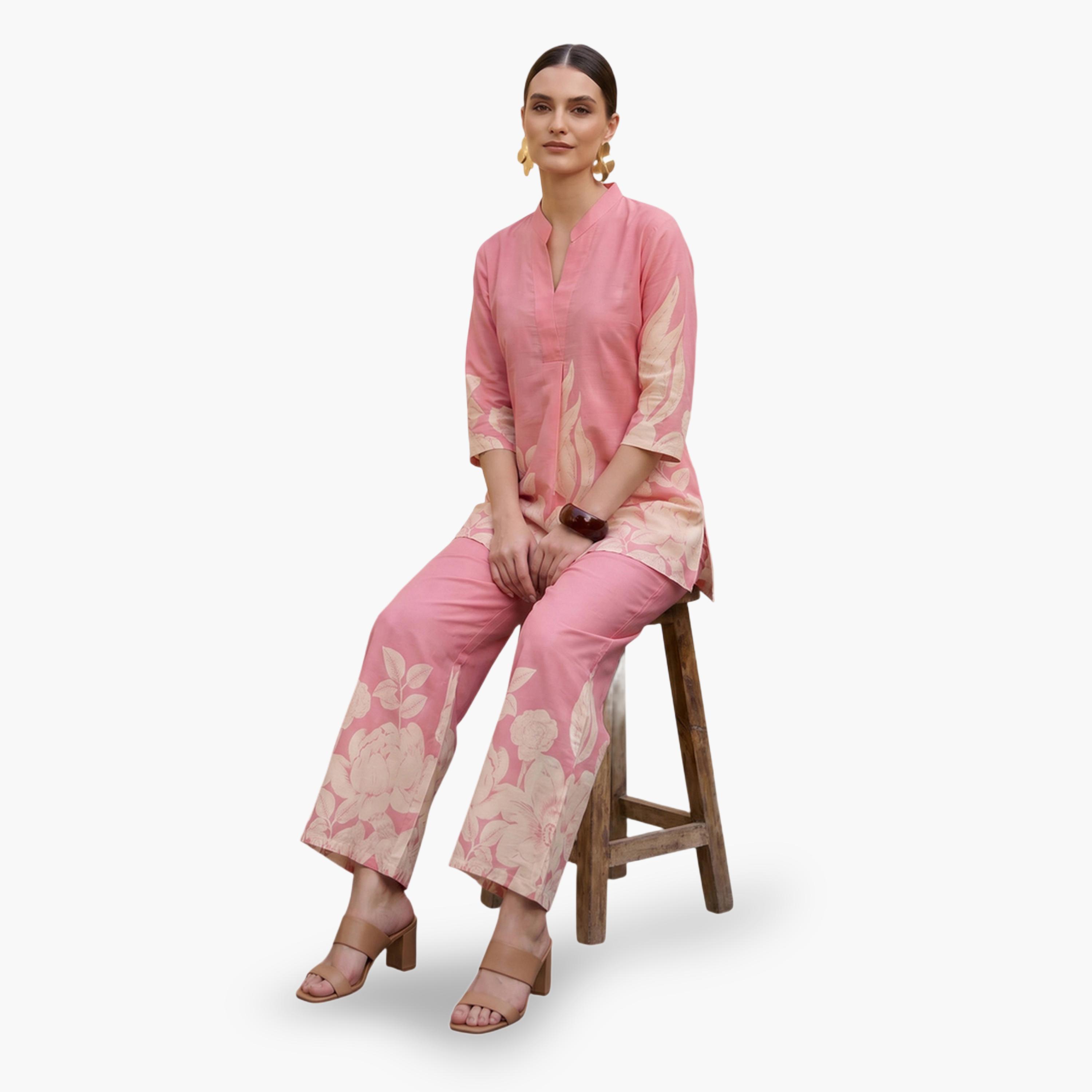 طقم منسق من بنطال وتونيك بطبعة أزهار باللون الوردي-women-clothing-coordsets-image-6