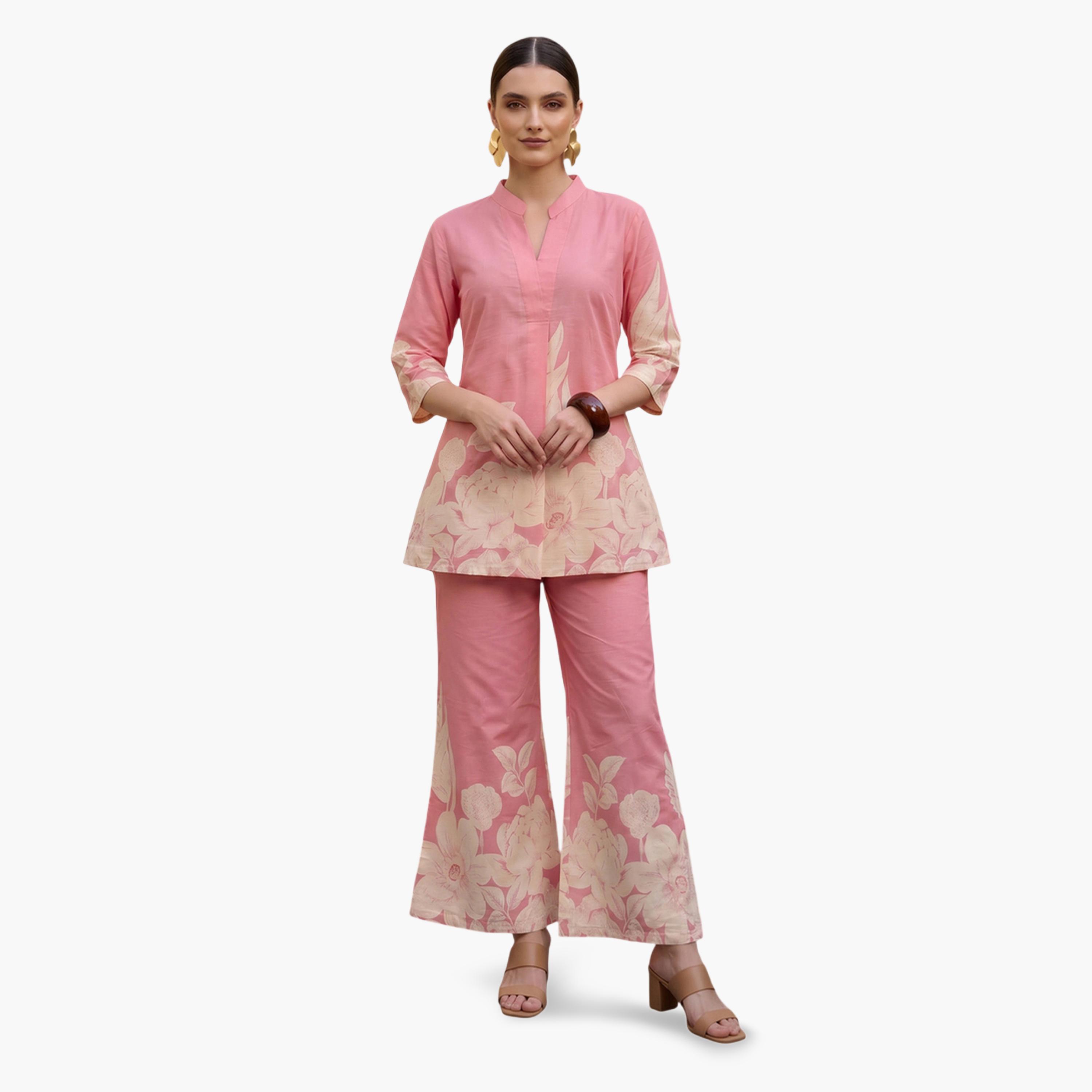 طقم منسق من بنطال وتونيك بطبعة أزهار باللون الوردي-women-clothing-coordsets-image-7