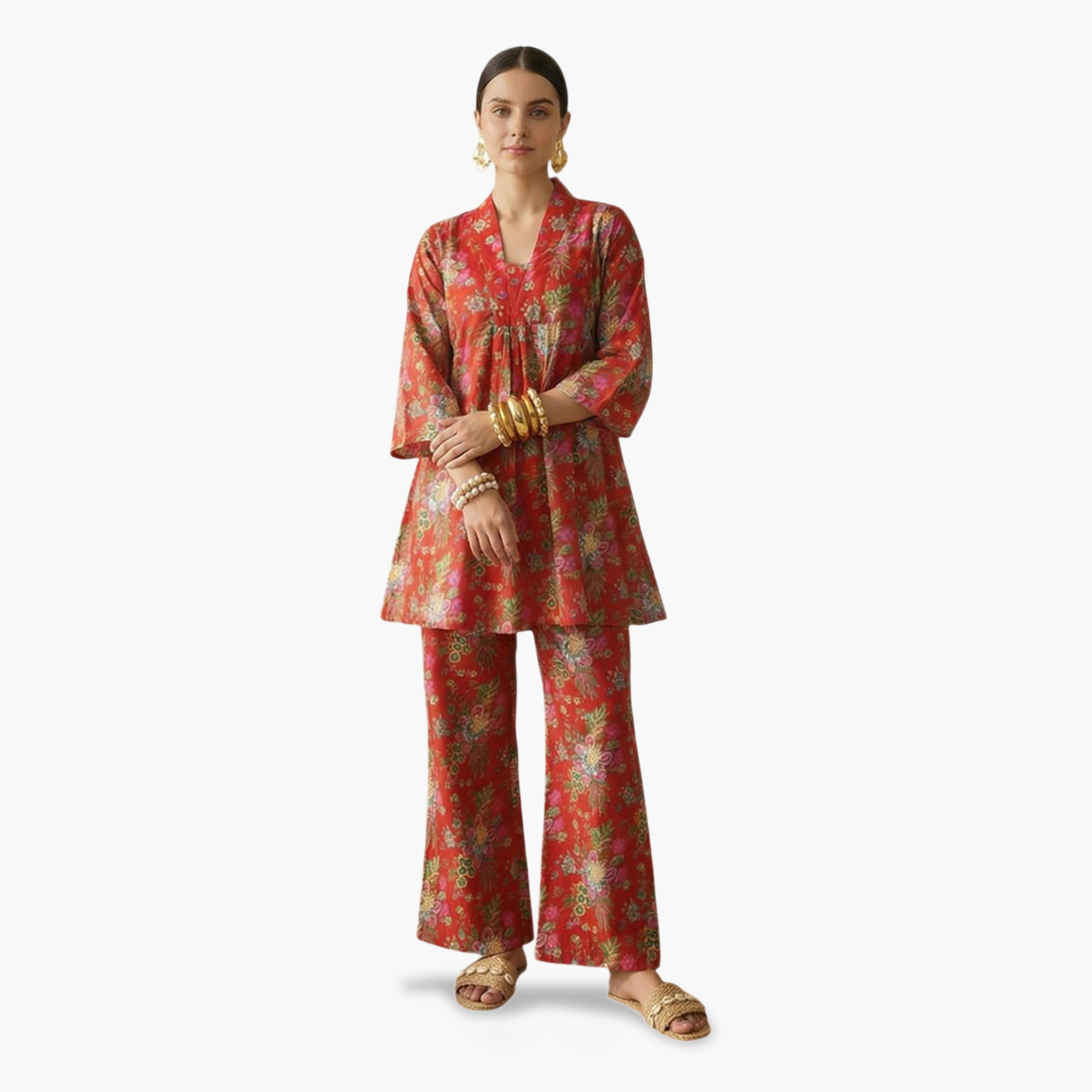 Imana X Styli Multi-Color Floral Print Pleated Details Top and Trousers Co-Ord Set-women-clothing-coordsets-image-1