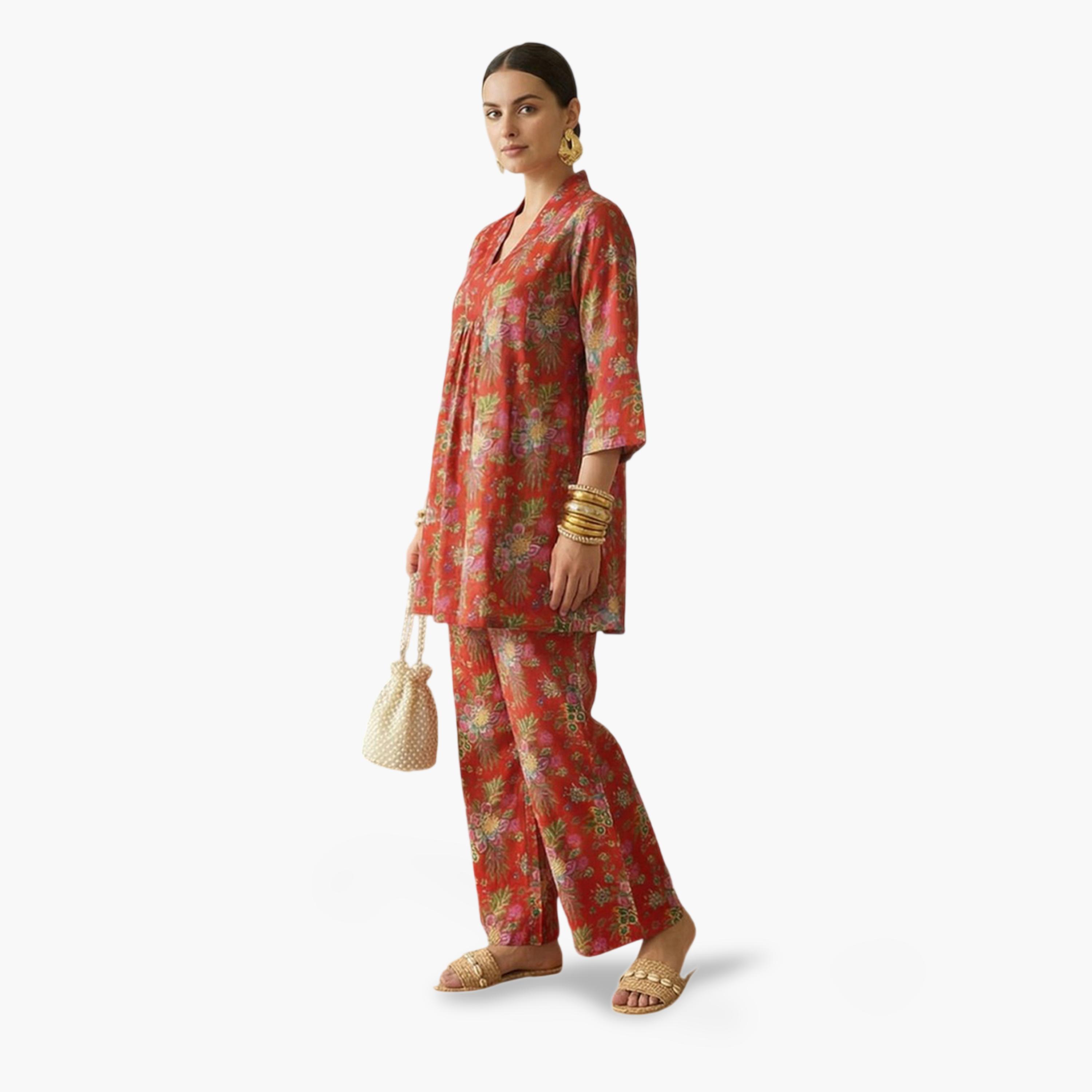 Imana X Styli Multi-Color Floral Print Pleated Details Top and Trousers Co-Ord Set-women-clothing-coordsets-image-3