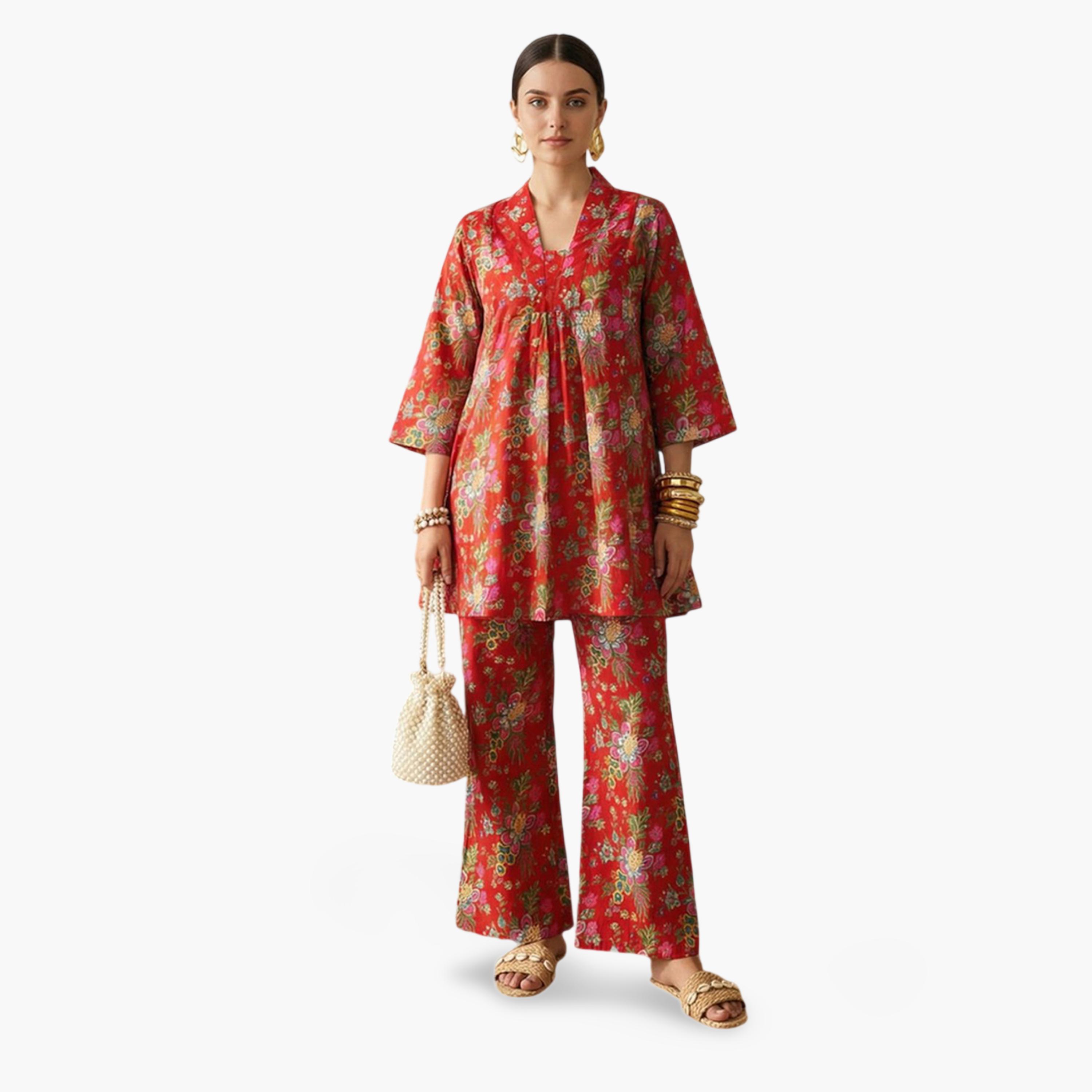 Imana X Styli Multi-Color Floral Print Pleated Details Top and Trousers Co-Ord Set-women-clothing-coordsets-image-4
