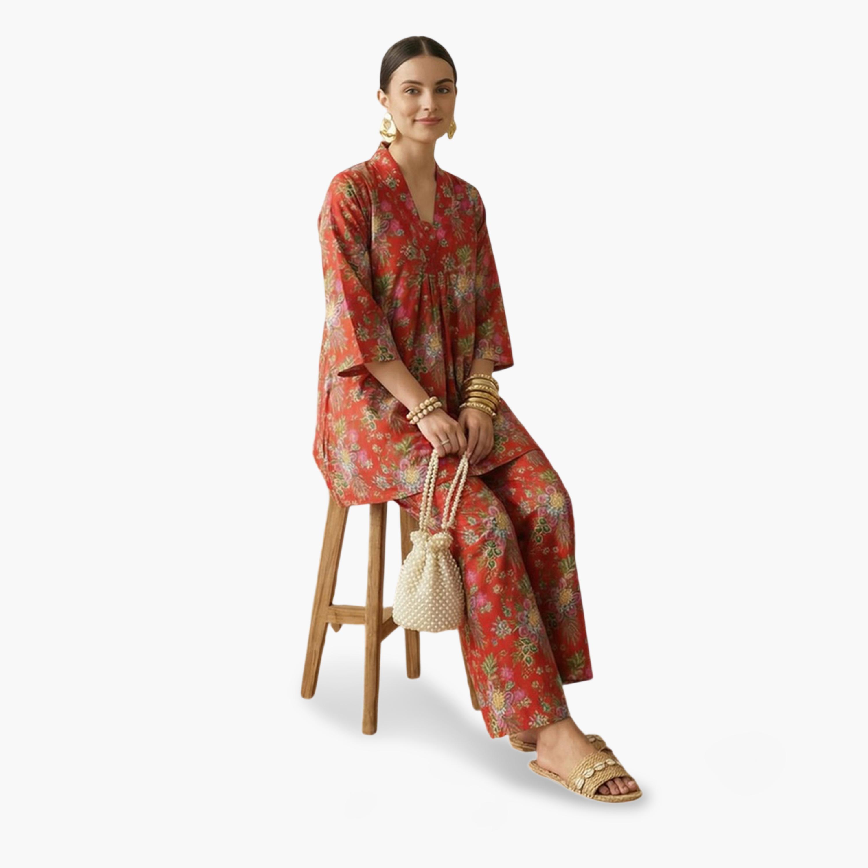 Imana X Styli Multi-Color Floral Print Pleated Details Top and Trousers Co-Ord Set-women-clothing-coordsets-image-5