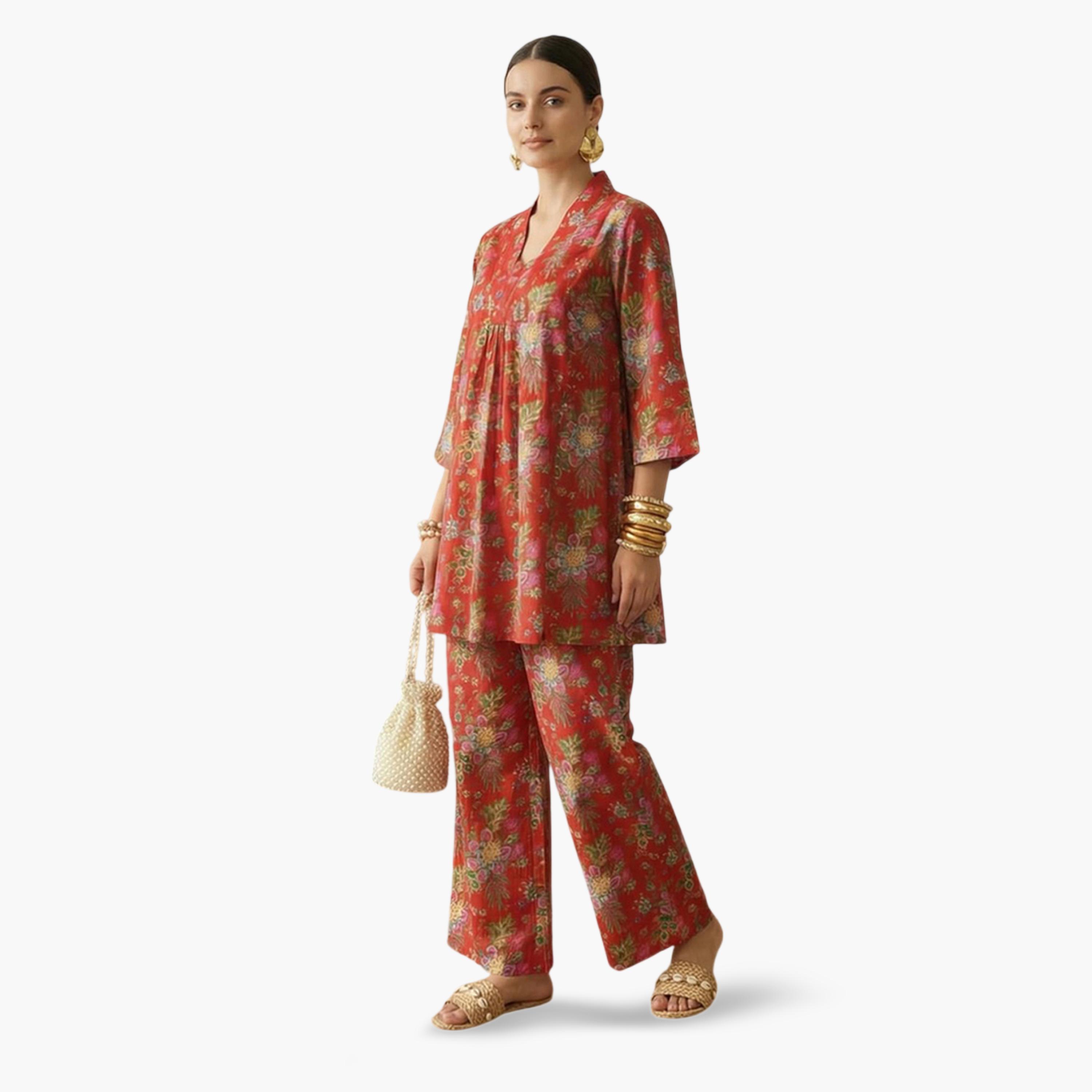 Imana X Styli Multi-Color Floral Print Pleated Details Top and Trousers Co-Ord Set-women-clothing-coordsets-image-6