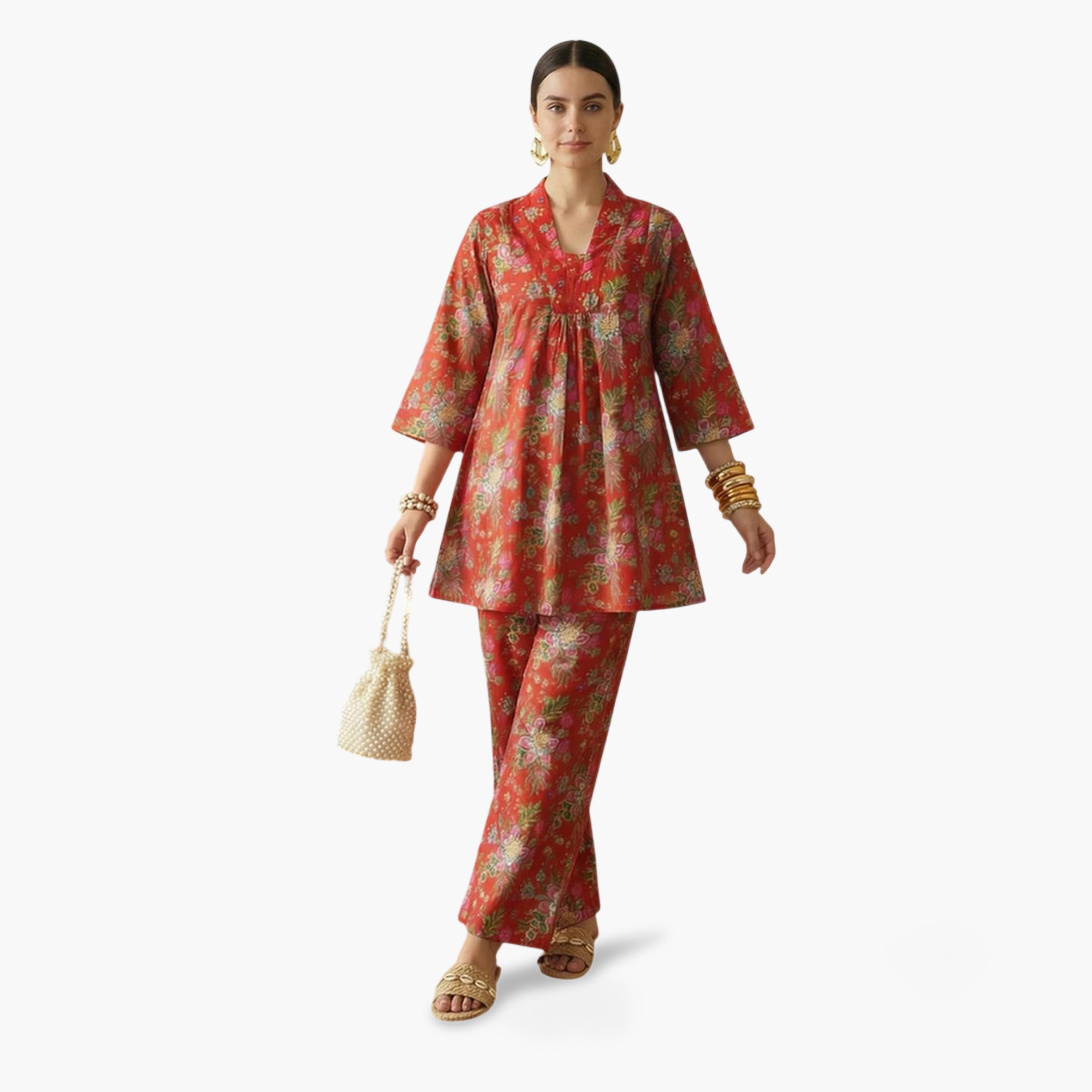 Imana X Styli Multi-Color Floral Print Pleated Details Top and Trousers Co-Ord Set-women-clothing-coordsets-image-7