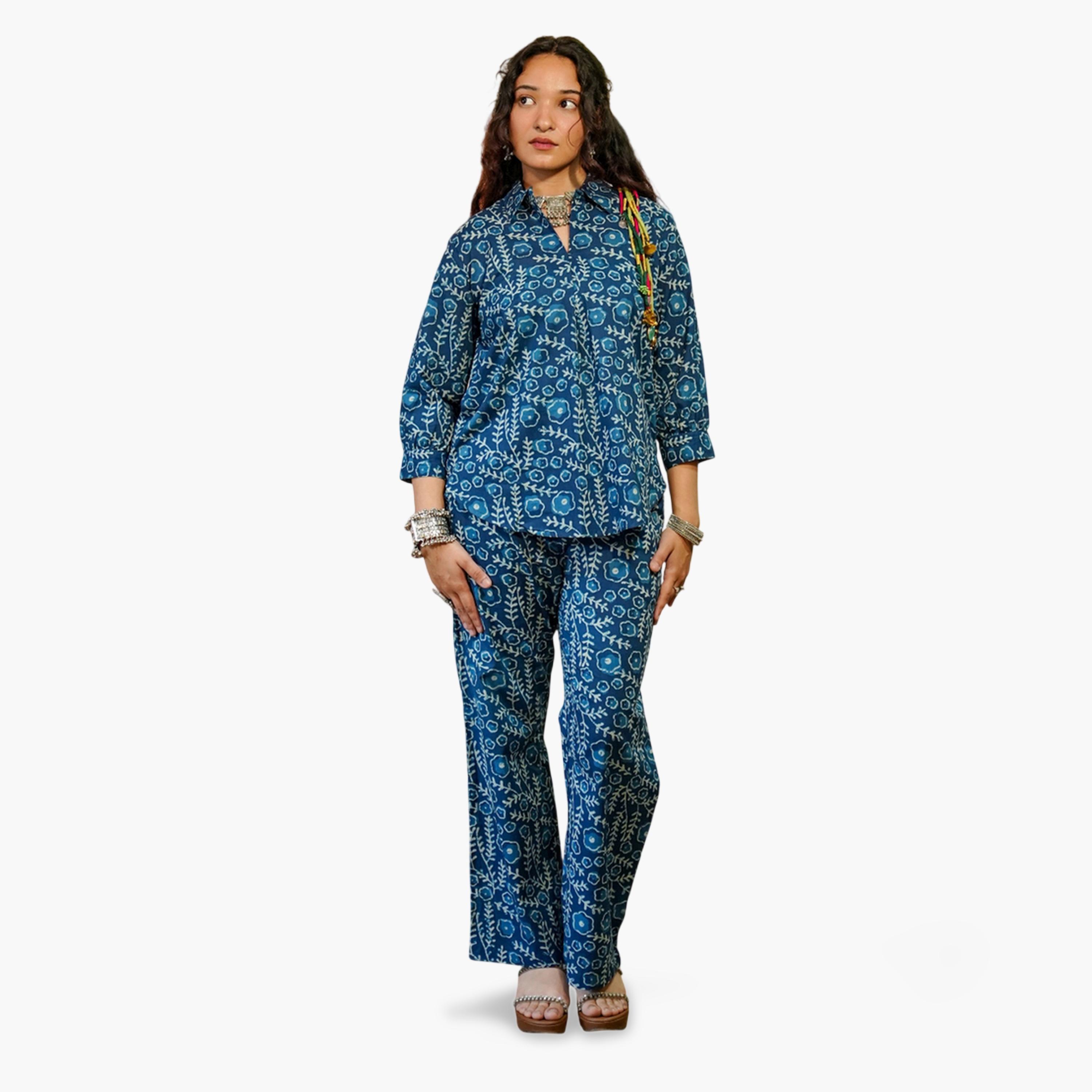 Imana X Styli Blue Floral Print Shirt and Trousers Co-Ord Set-women-clothing-coordsets-image-1
