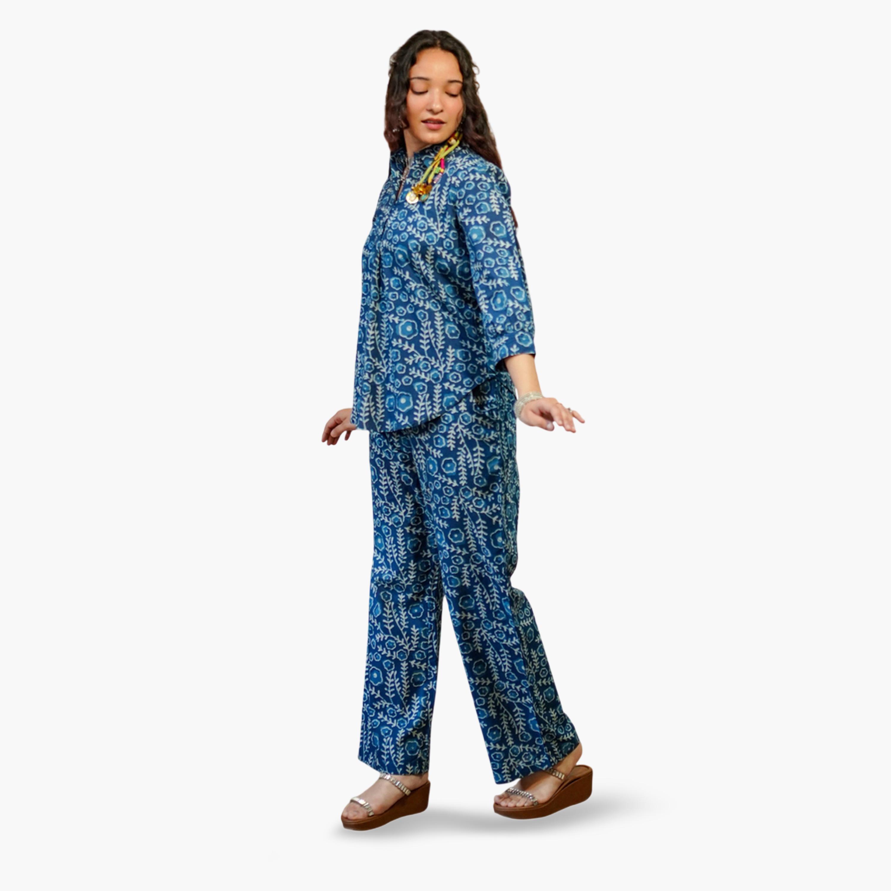 Imana X Styli Blue Floral Print Shirt and Trousers Co-Ord Set-women-clothing-coordsets-image-3
