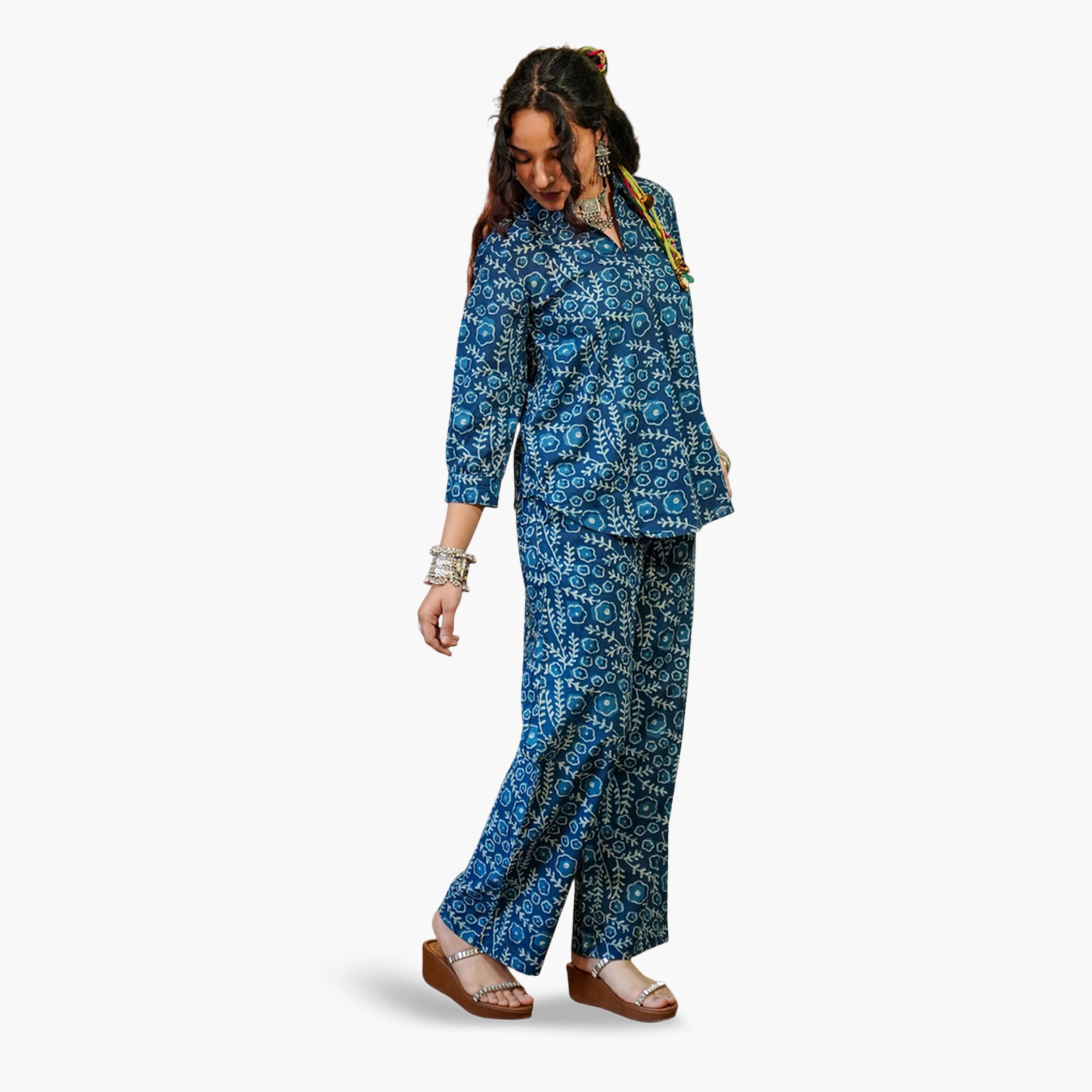 Imana X Styli Blue Floral Print Shirt and Trousers Co-Ord Set-women-clothing-coordsets-image-4